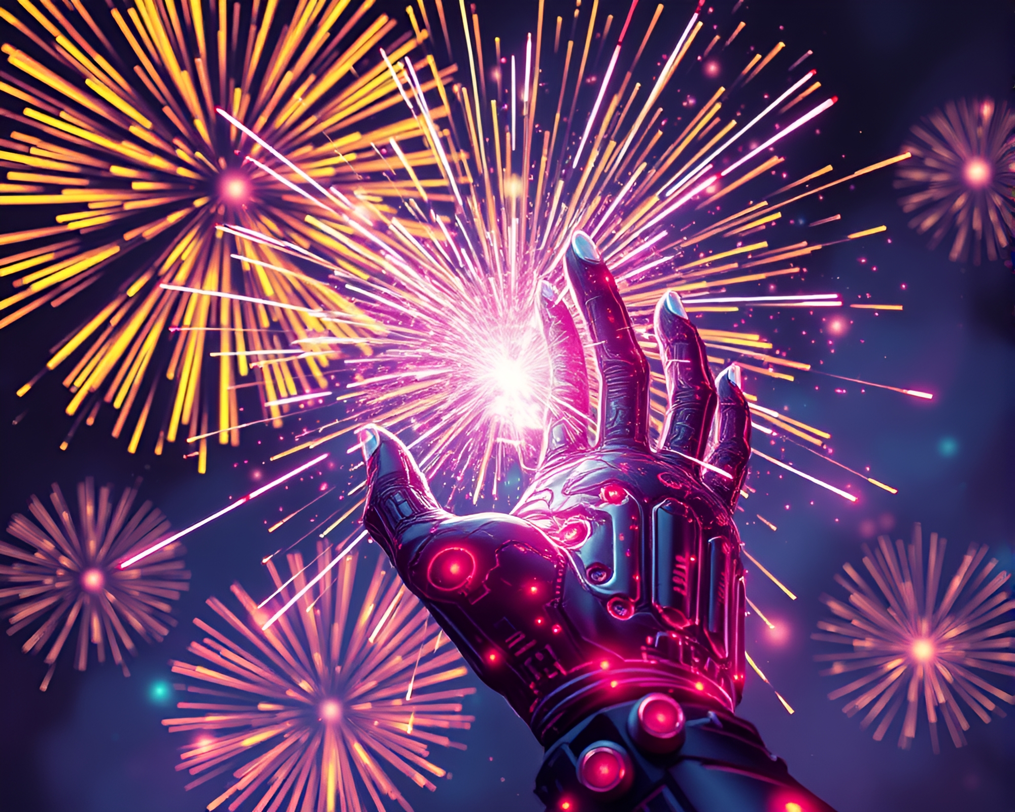 Cybernetic Hand Enchants Sky with Vibrant Fireworks – free AI stock image