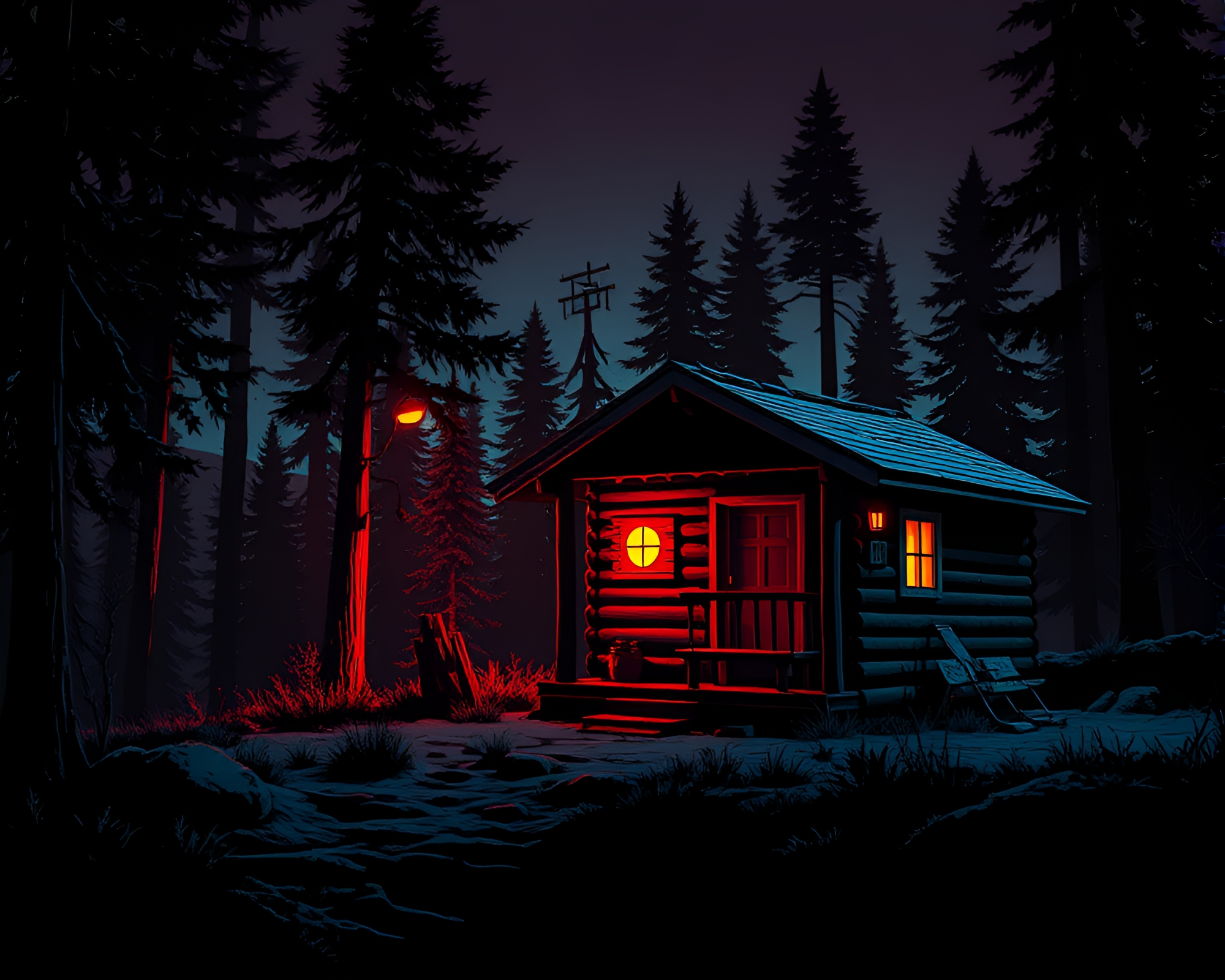 Synthwave Glow: Rustic Cabin with Stencil Shadows – free AI stock image