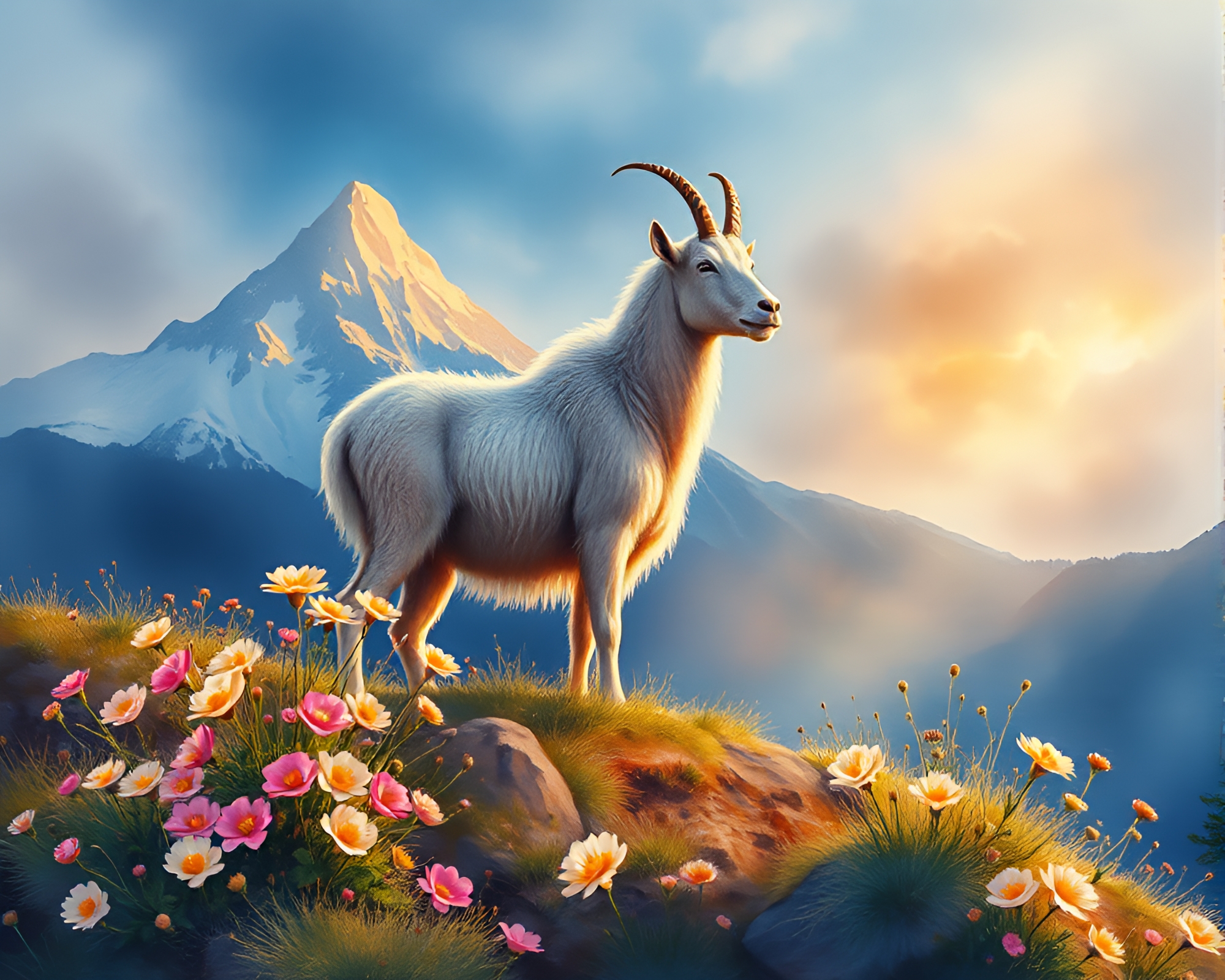 Mountain Goat in Torchlight Watercolor Blooms – free AI stock image
