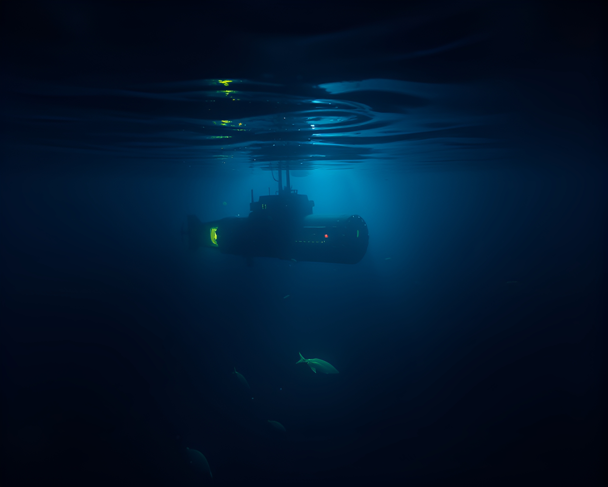 Glowing Submarine Adventure in Shallow Depths – free AI stock image
