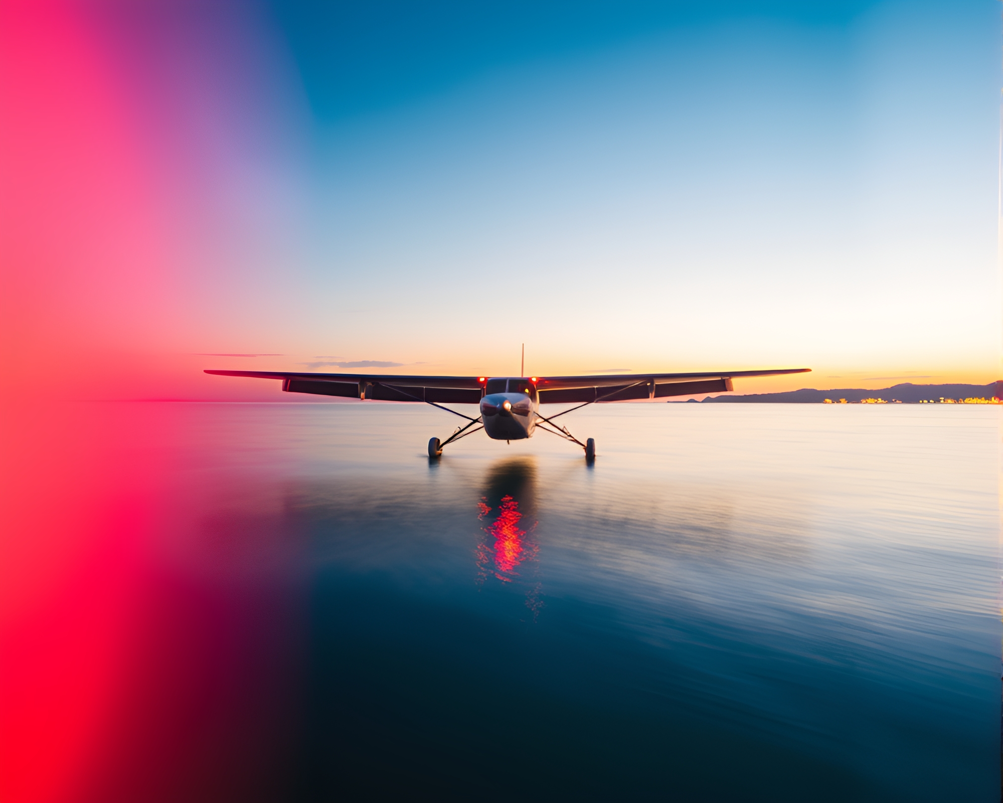 Mesmerizing Sunset Sea Plane Light Painting – free AI stock image