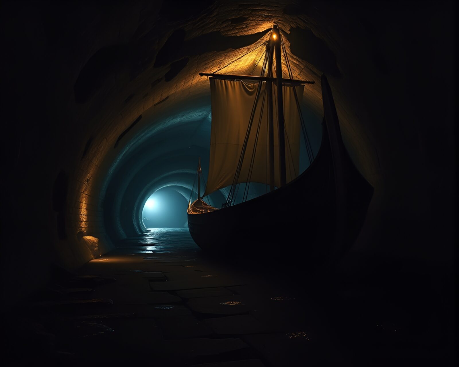 Distorted lens view of Viking longship in dim glow
