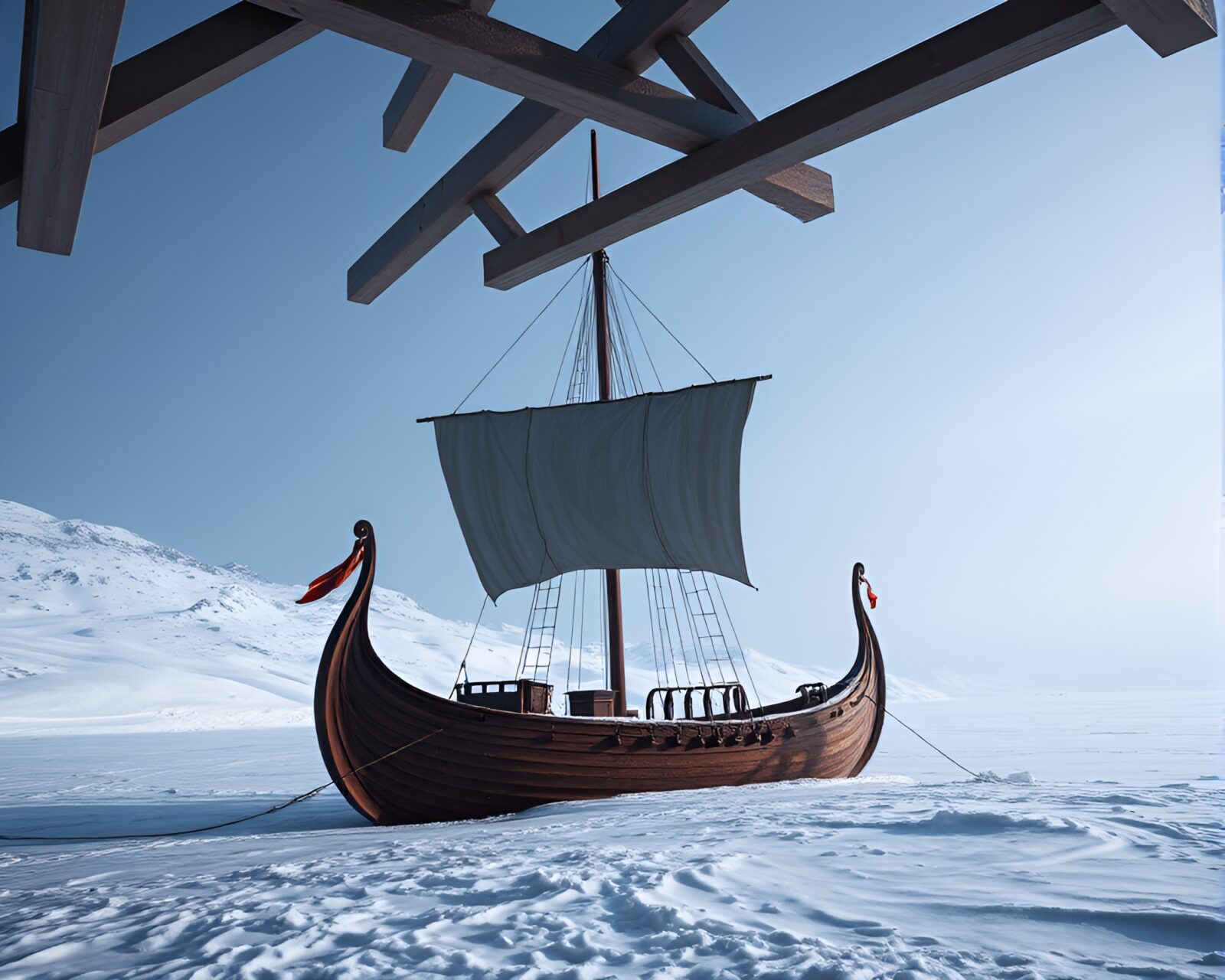 Snow-kissed light illuminates a 90s grunge style Viking longship
