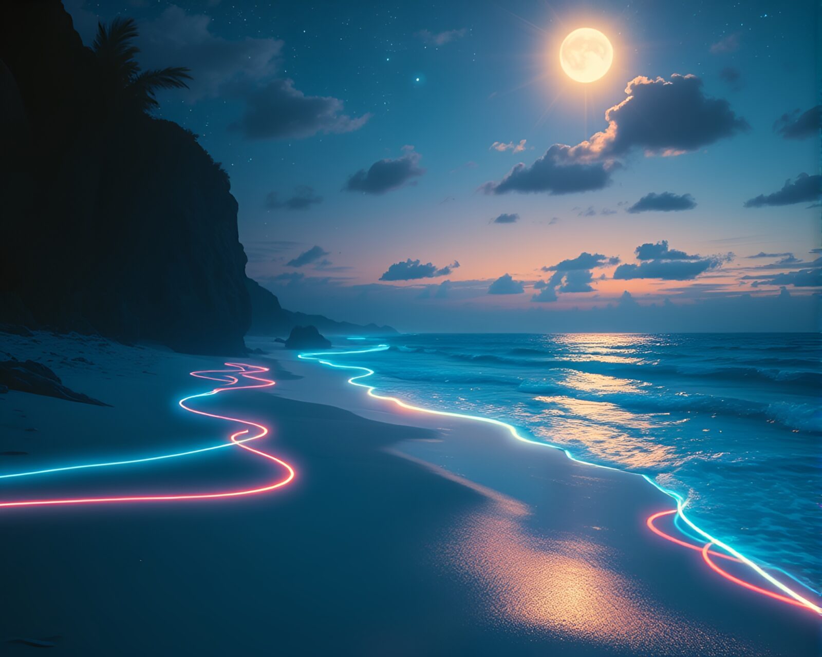 Glowing anime characters on a beach with light streaks