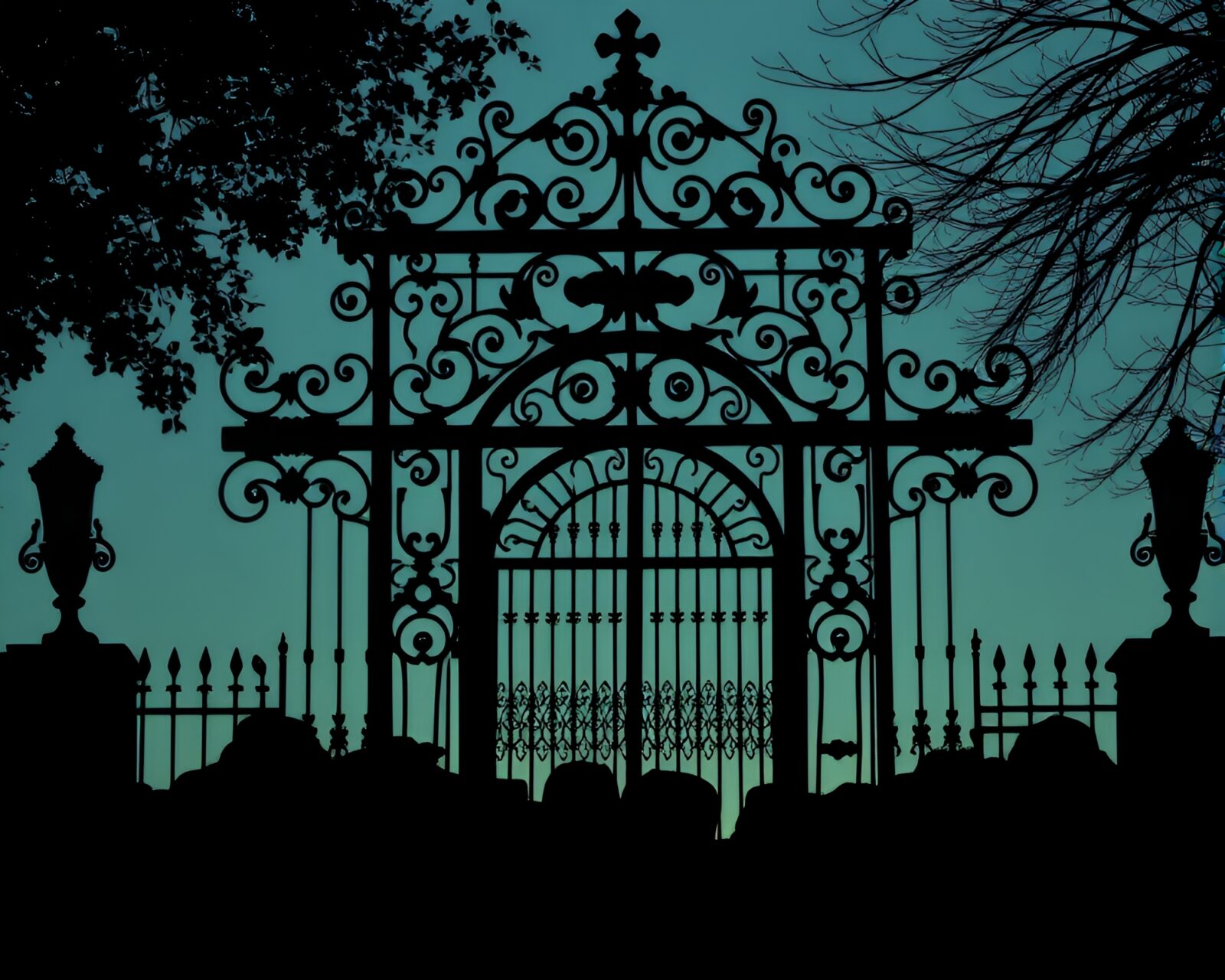 An eerie night scene with shadowy figures at an ornate gate