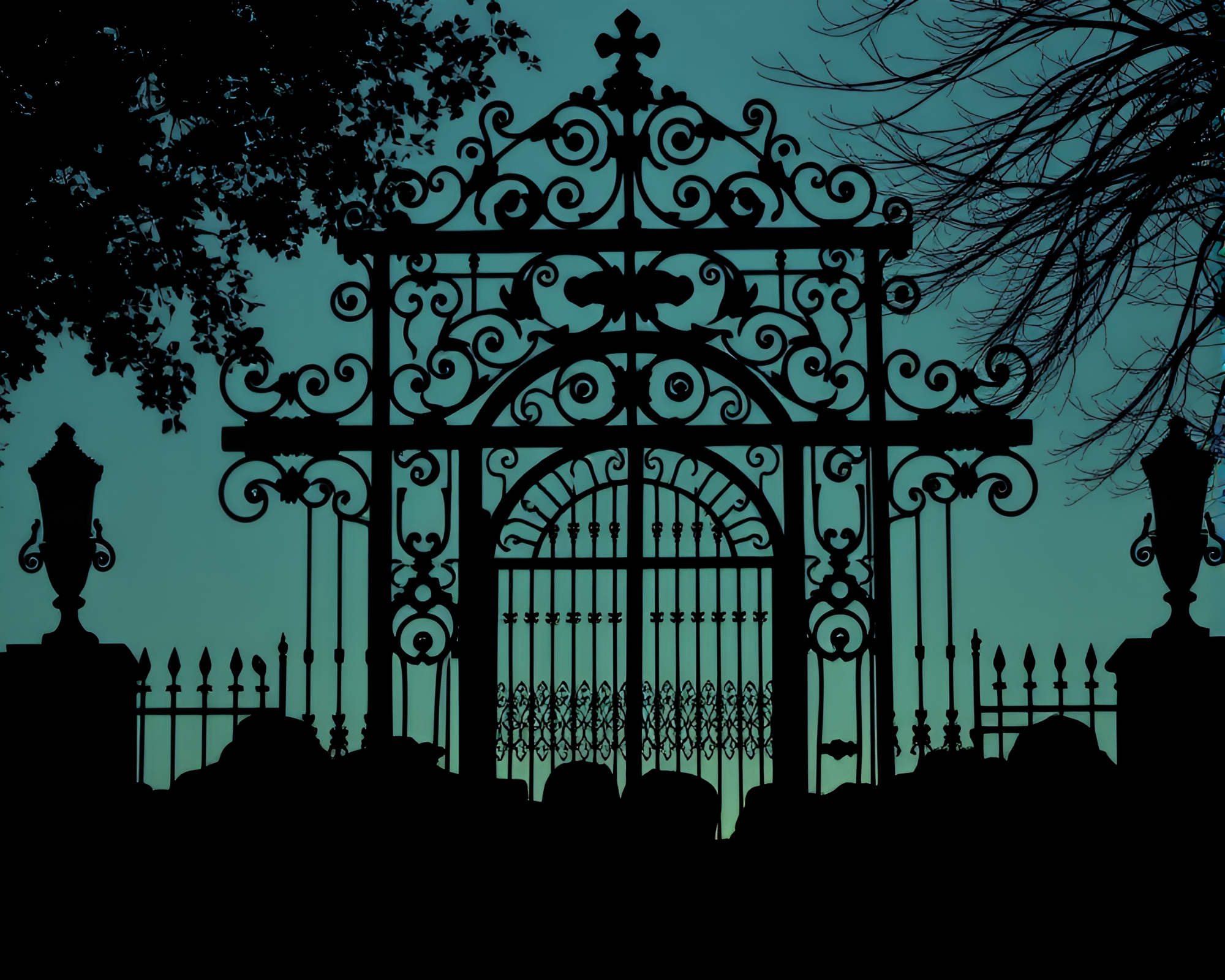Crowd Silhouette Gathering at Wrought Iron Gate – free AI stock image