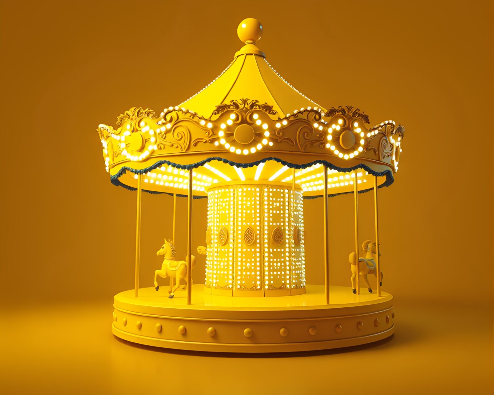 Digital 3D image of a vibrant mustard yellow carnival carousel