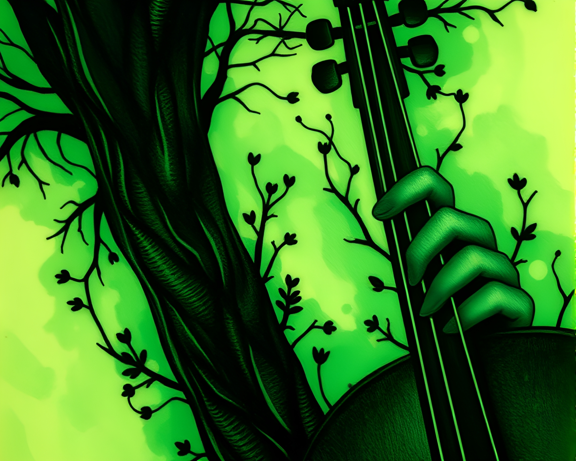 Enchanting Cello Close-Up in Forest-Green Tattoo Art – free AI stock image
