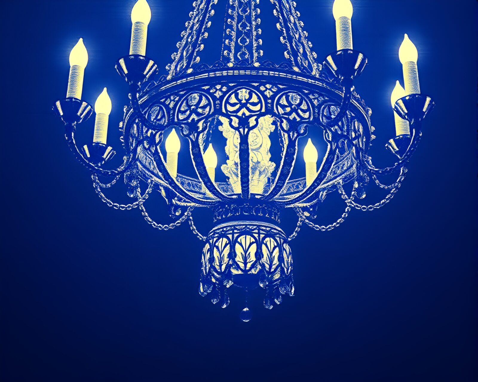 Intricate ASCII sapphire-lit chandelier hanging in elegant pattern