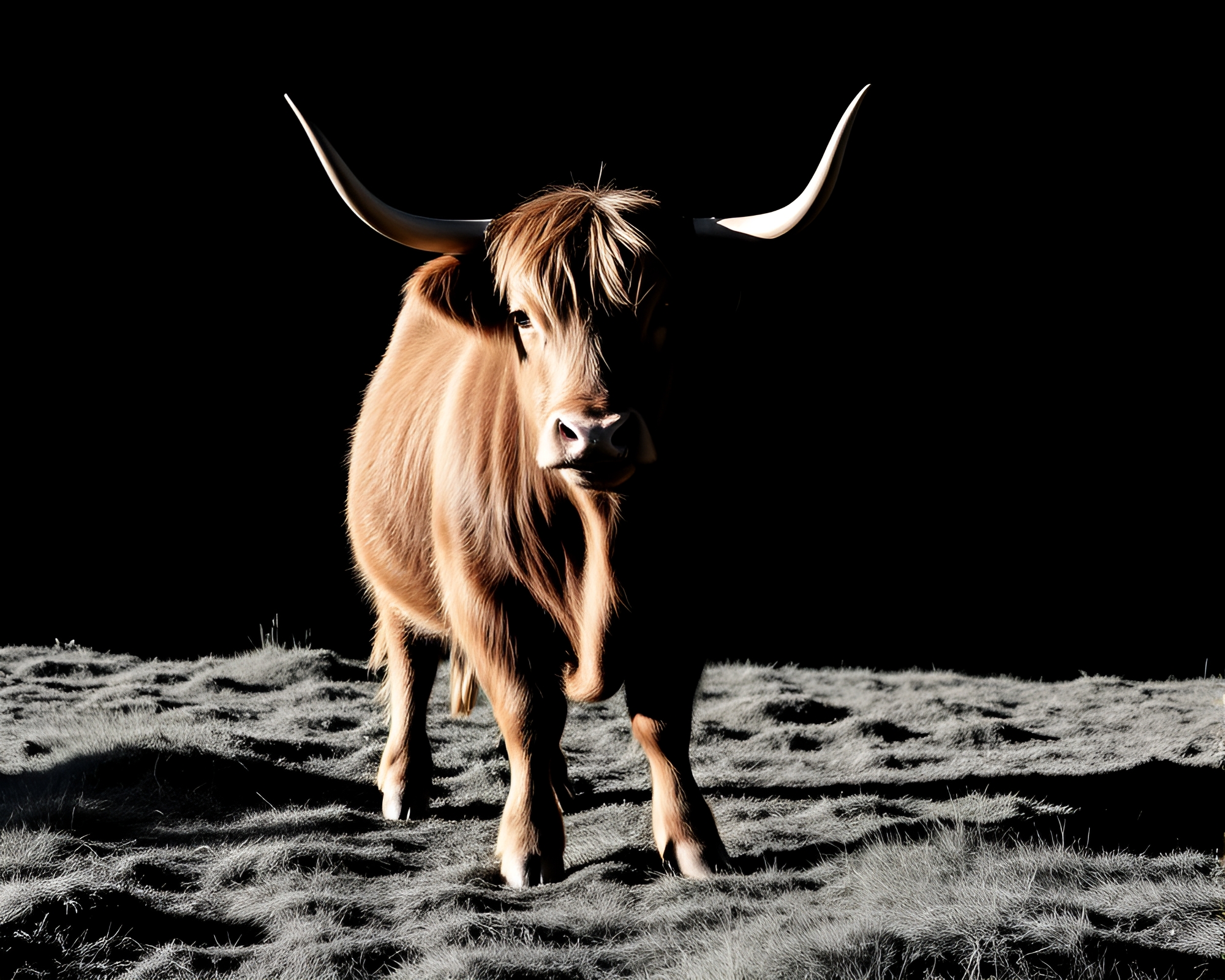 Majestic Highland Cow: Low-Angle Crosshatch Shadow Portrait – free AI stock image
