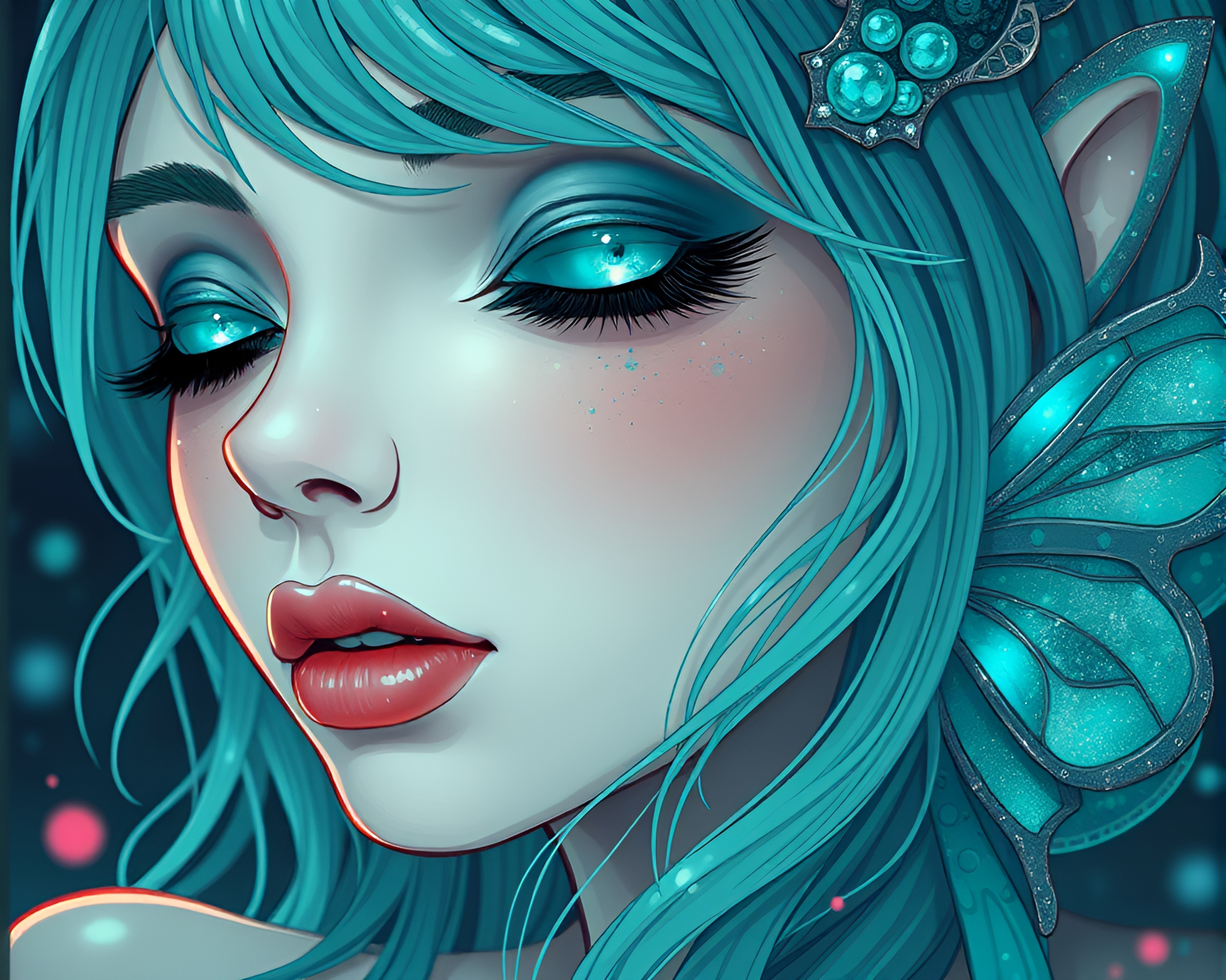 Teal Cyberpunk Fairy Close-up Illustration – free AI stock image