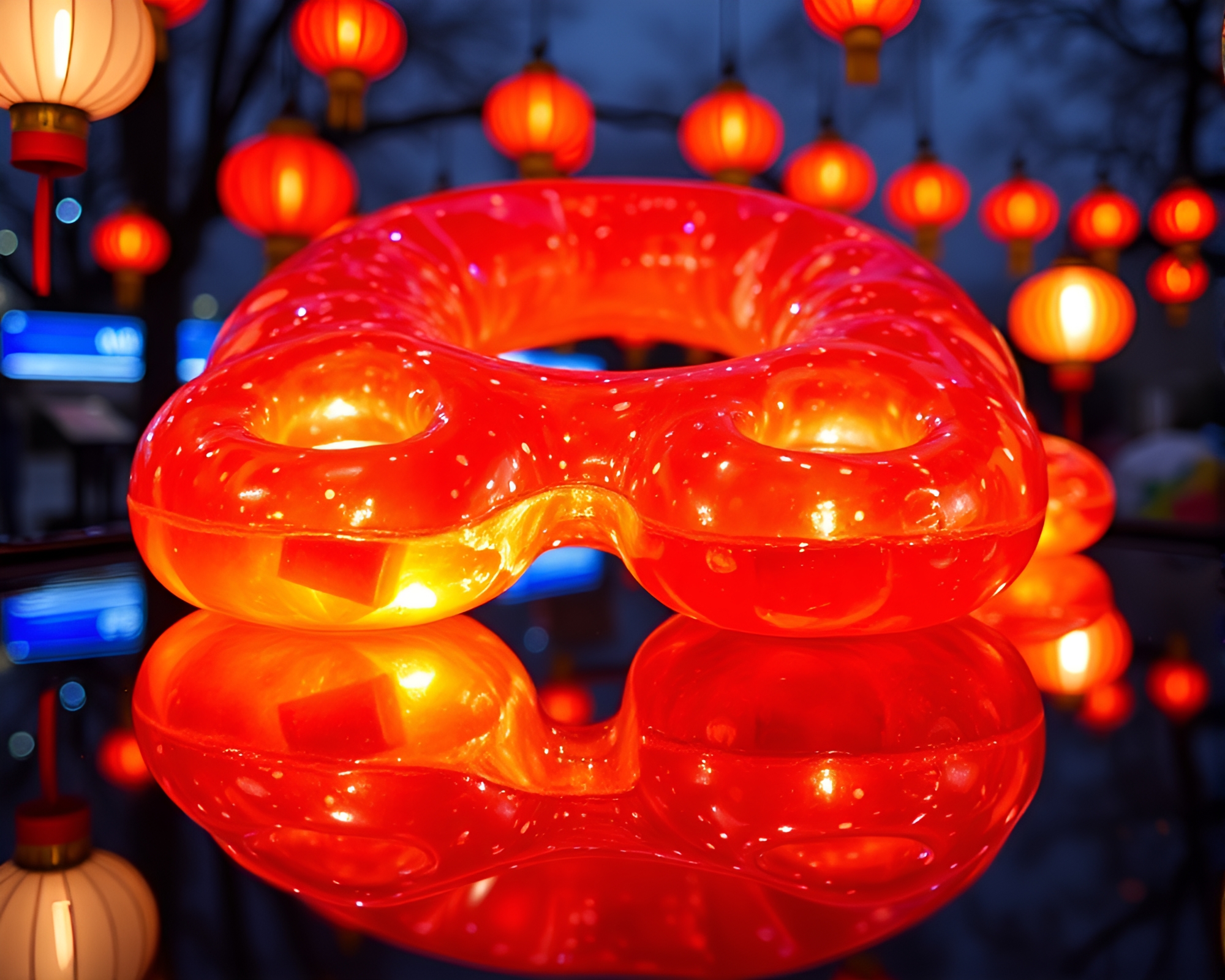 Jelly-Filled Doughnut Reflections in Lantern Light – free AI stock image