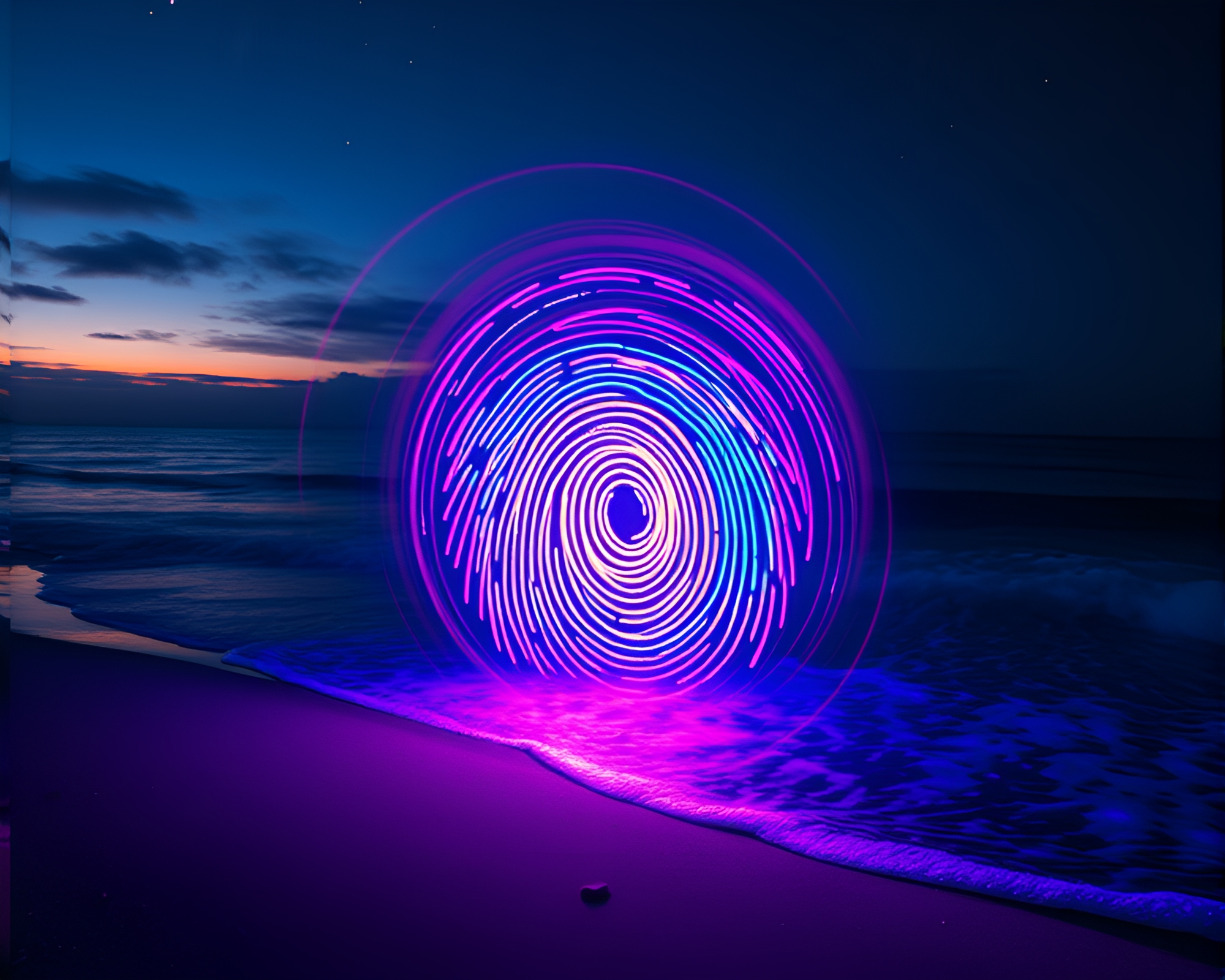 Swirling Fingerprint Beach: LED Surreal Light Art – free AI stock image