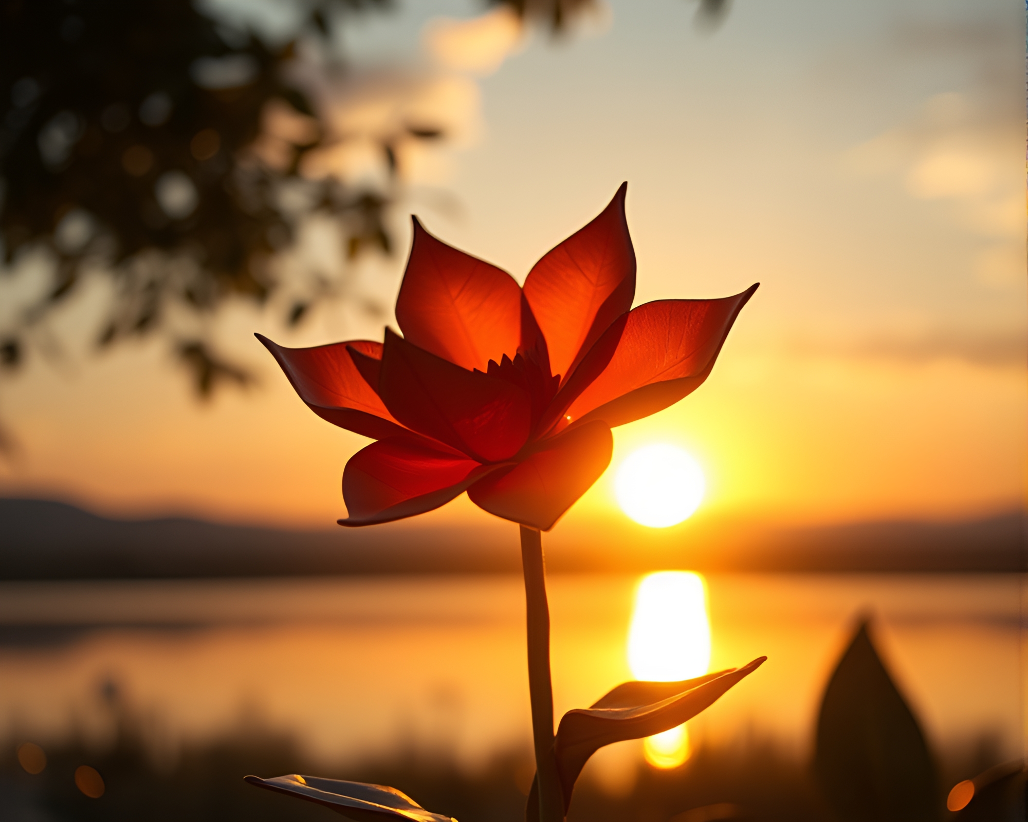 Bronze Origami Flower in Synthwave Dusk – free AI stock image