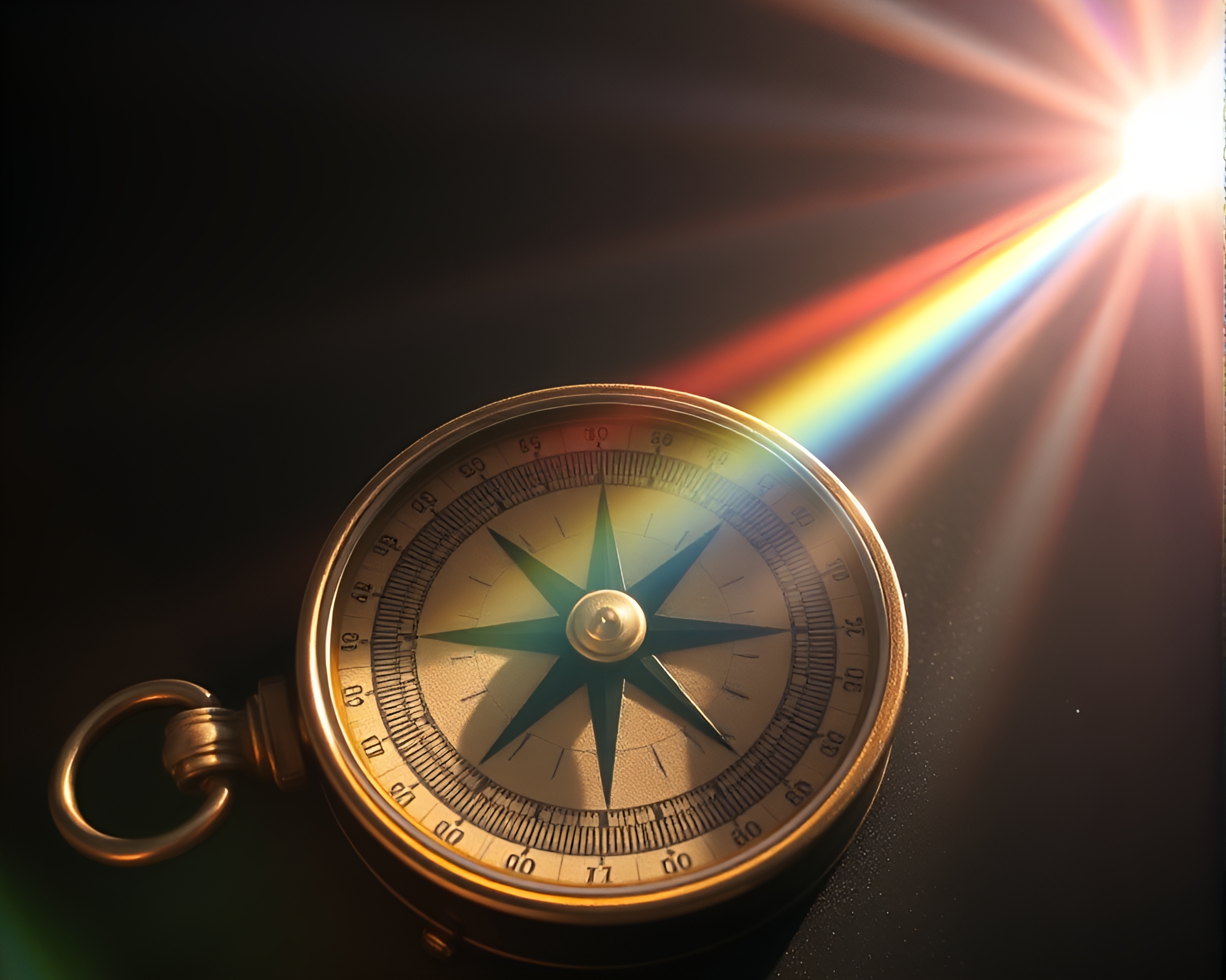 Rainbow Refracted Antique Compass in Sunbeam Rays – free AI stock image