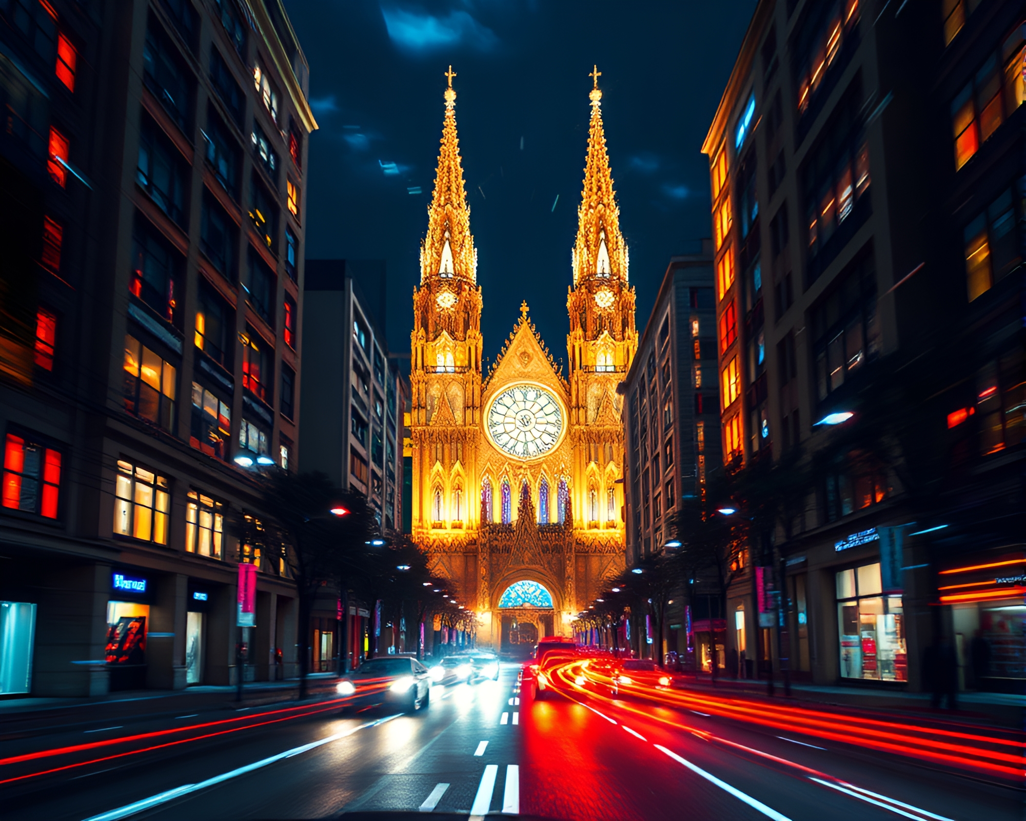 Futuristic City Cathedral: Op Art Light Trails – free AI stock image