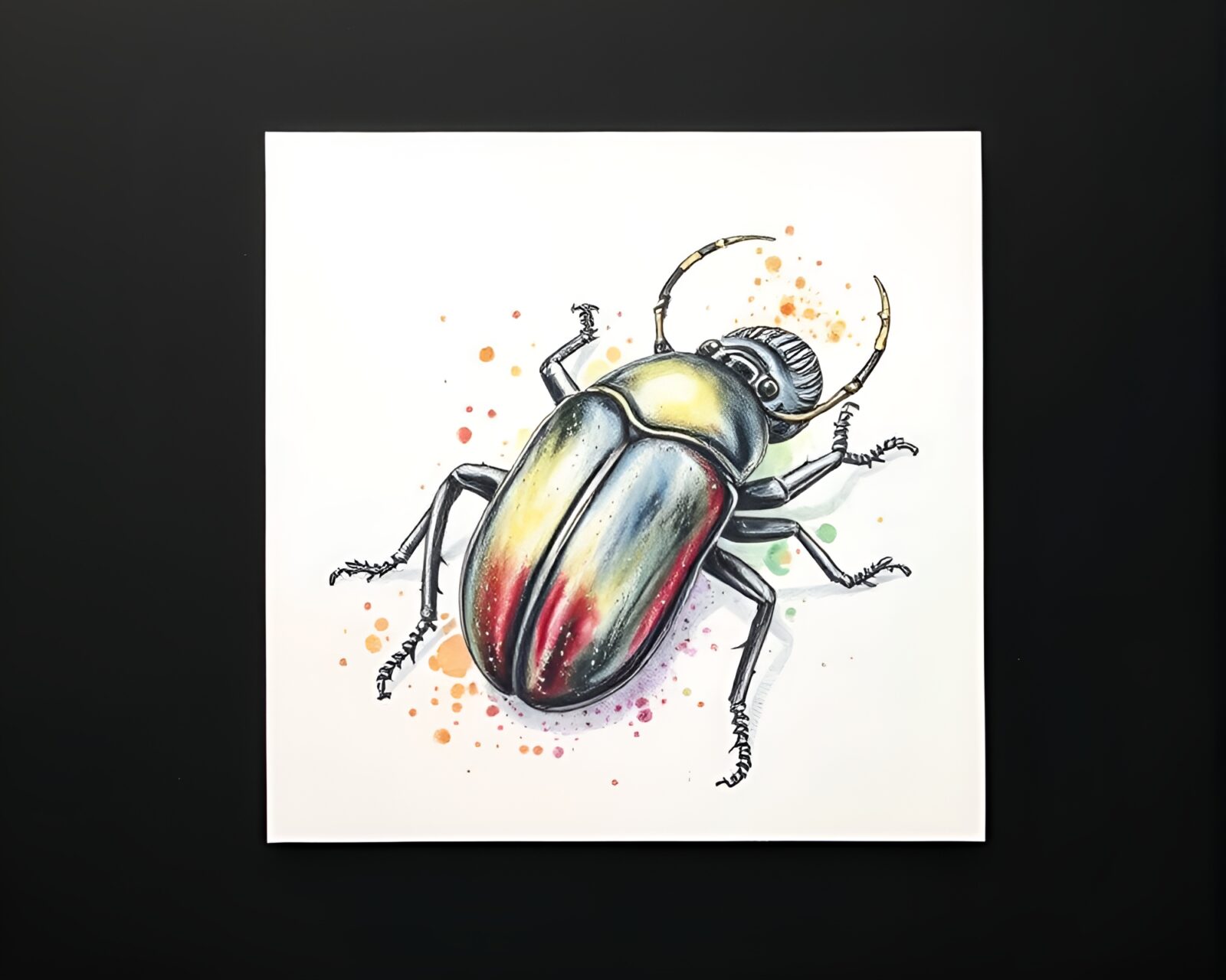 Detailed engraving of a beetle with watercolor wash overlay
