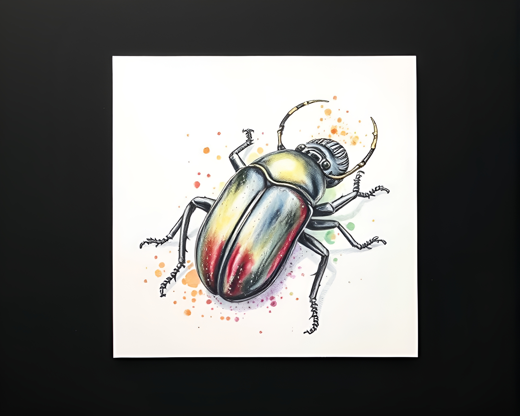 Beetle Engraved Close-Up in Watercolor Wash Style – free AI stock image