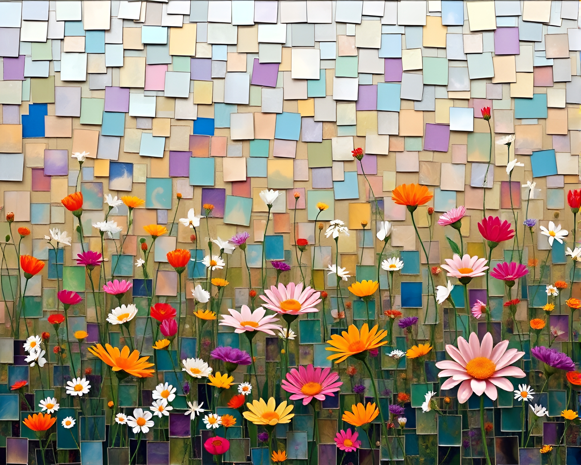 Dystopian Flowering Meadows: Fragmented Mosaic Composition – free AI stock image