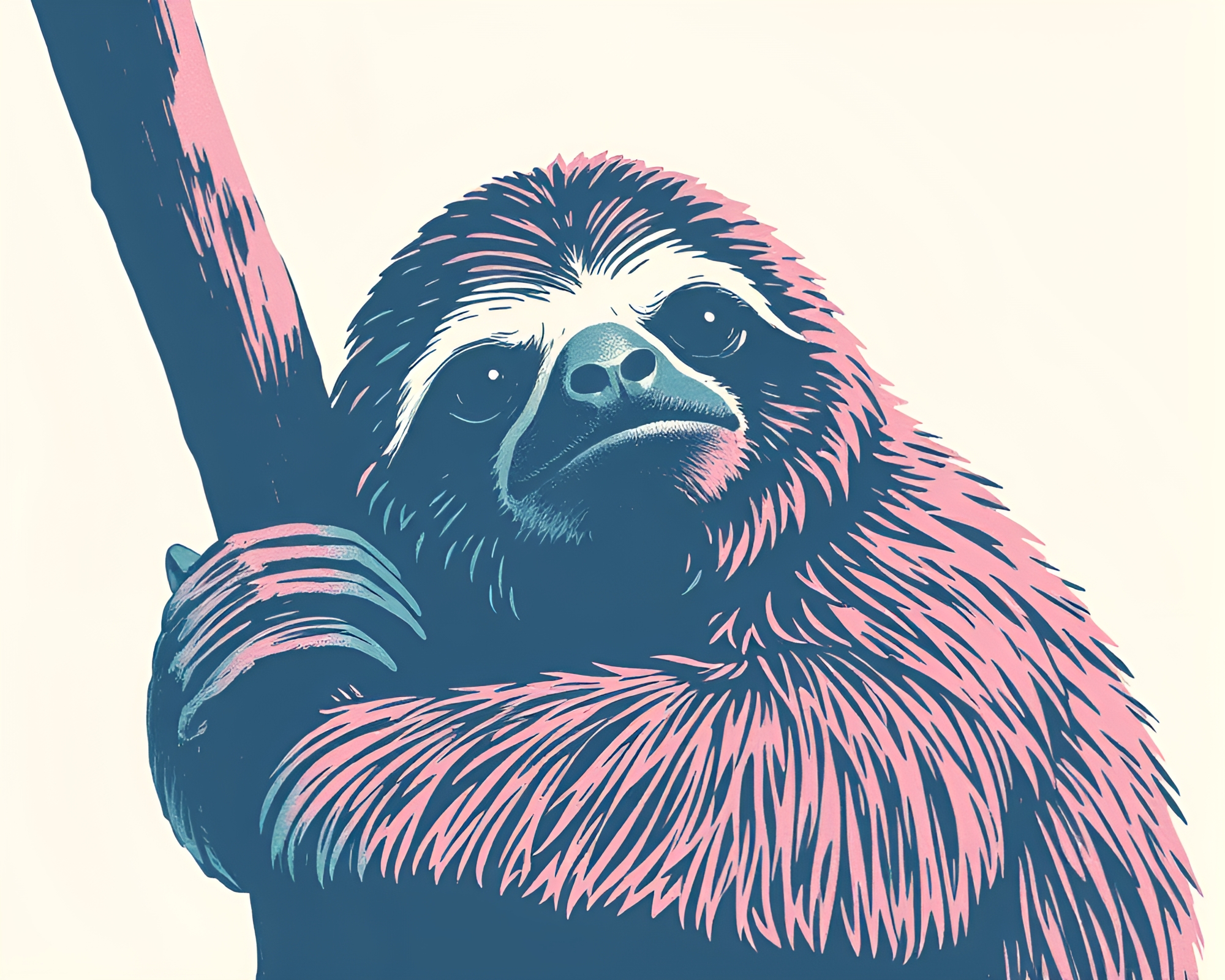 Sloth resting in pastel woodcut grove – free AI stock image