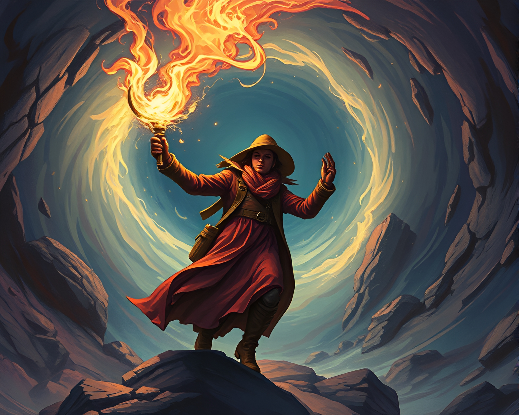 Ethereal Time Traveler in Swirling Vortex Dungeon Illuminated by Torchlight – free AI stock image