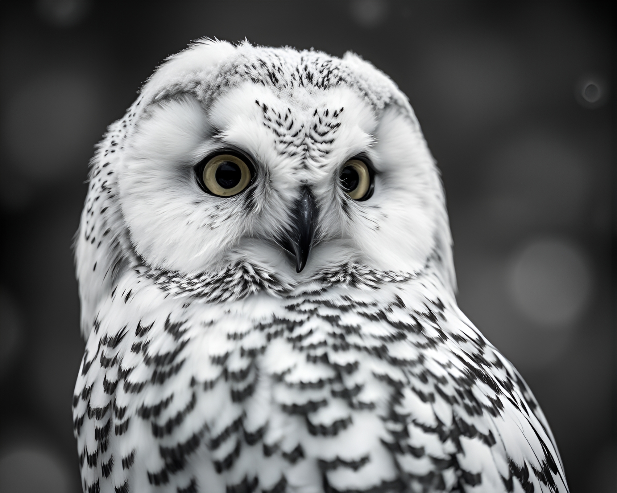 Prismatic Snowy Owl Amid Graphite Bokeh – free AI stock image