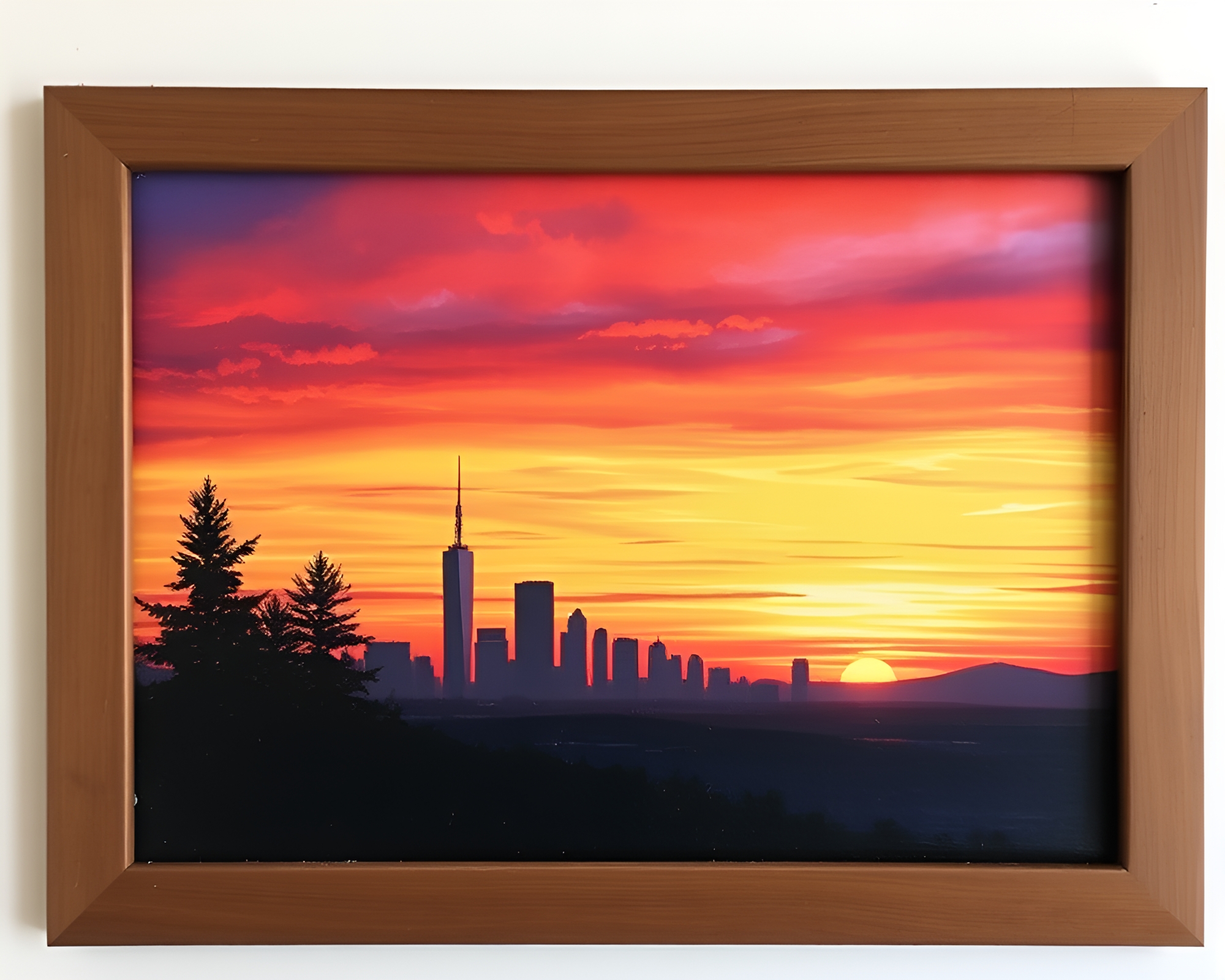 Sunset Skyline Framed in Polaroid Oil Painting – free AI stock image