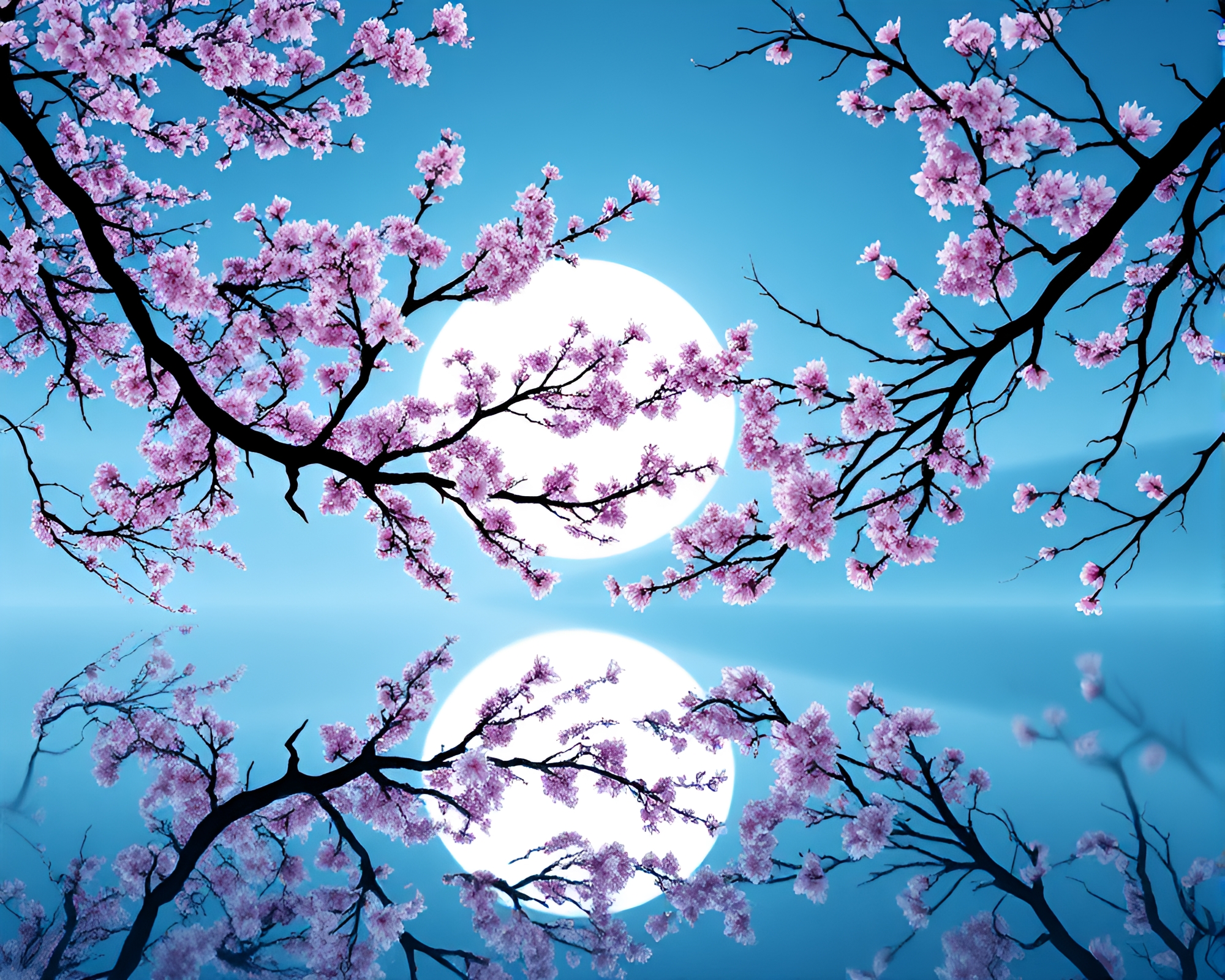 Ethereal Spring Blossom Silhouette Reflection in Steel Blue – free AI stock image
