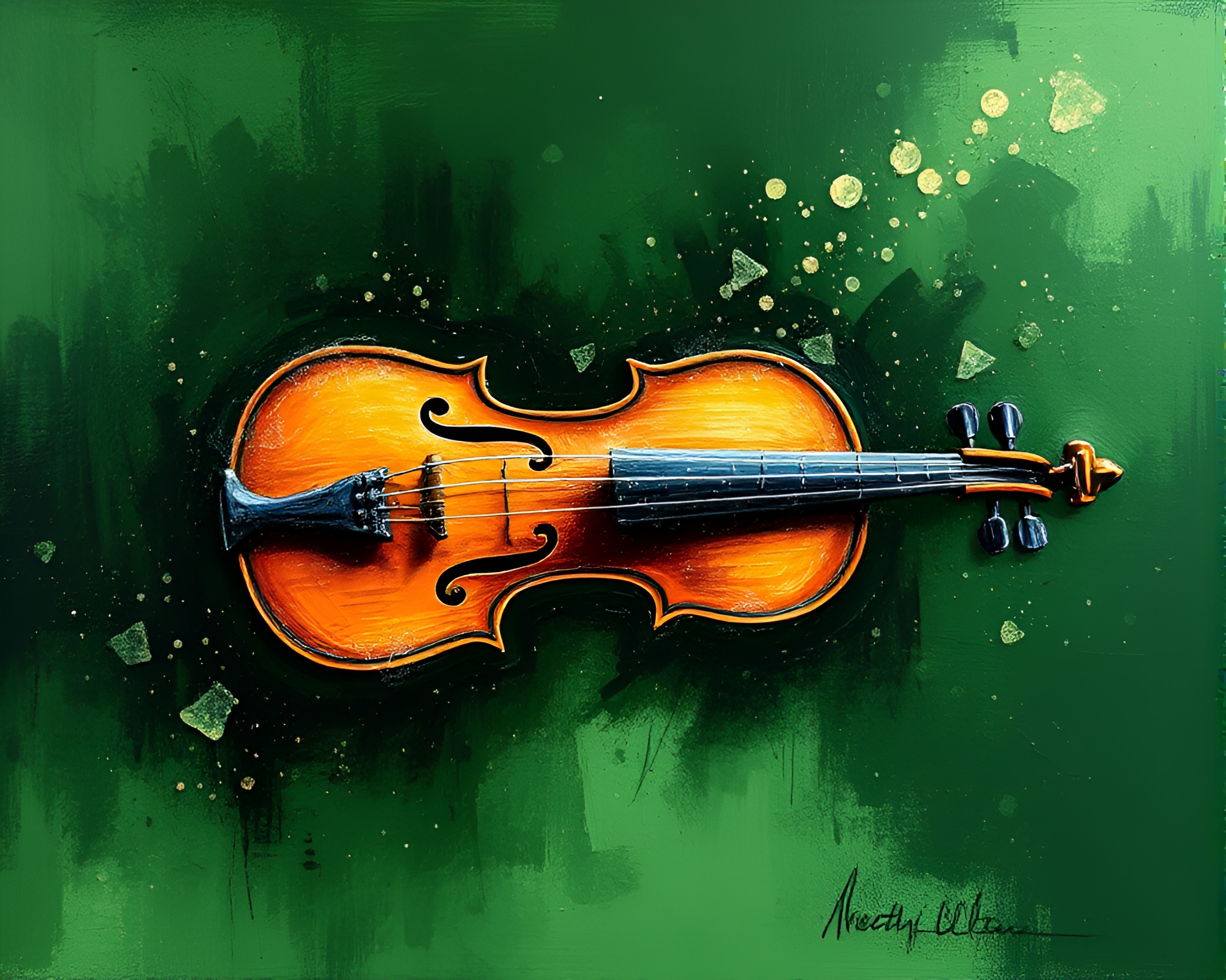 Ethereal Violin Among Green Particles – free AI stock image