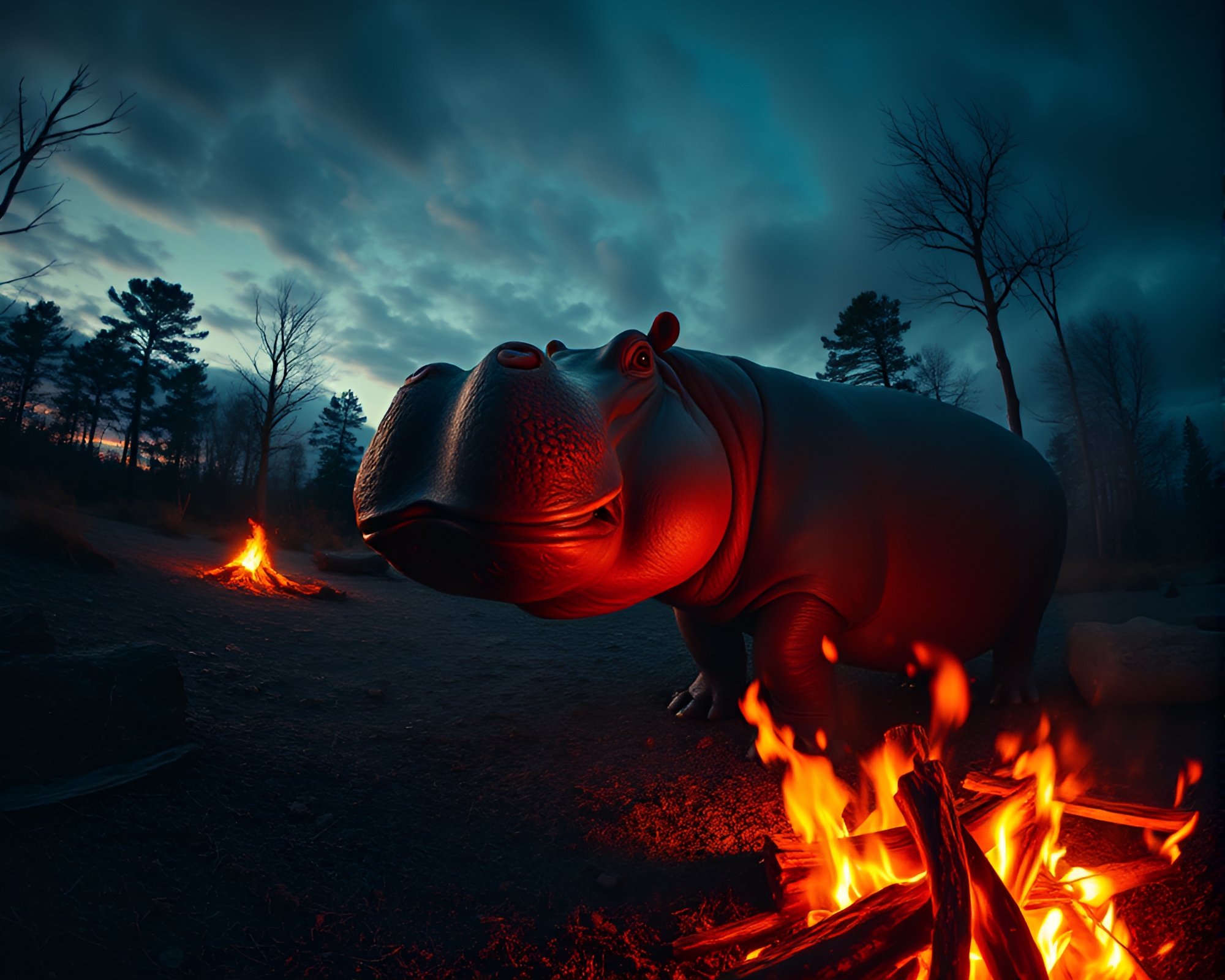 Dystopian Bonfire Illuminates Hippopotamus in Wide-Angle View – free AI stock image