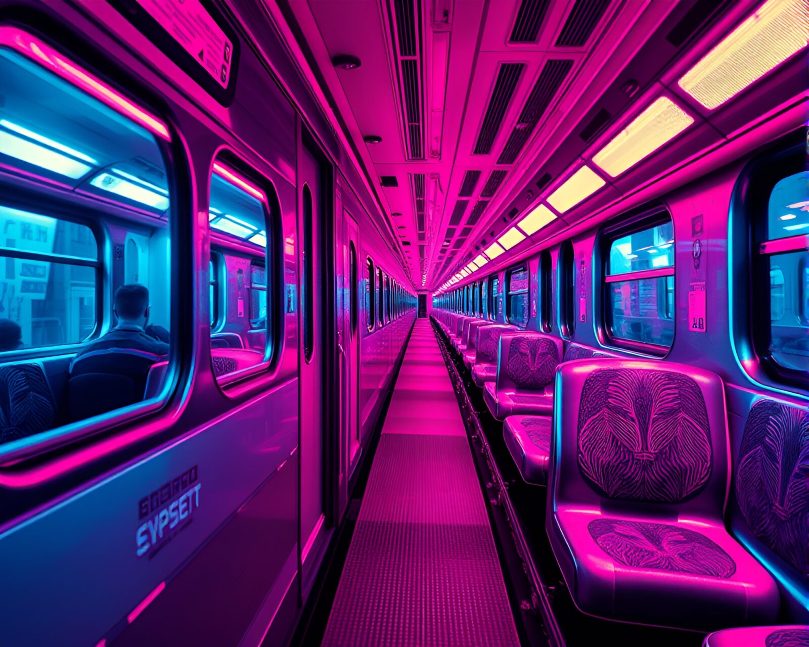 A dreamy vaporwave-style train with intricate engraved details