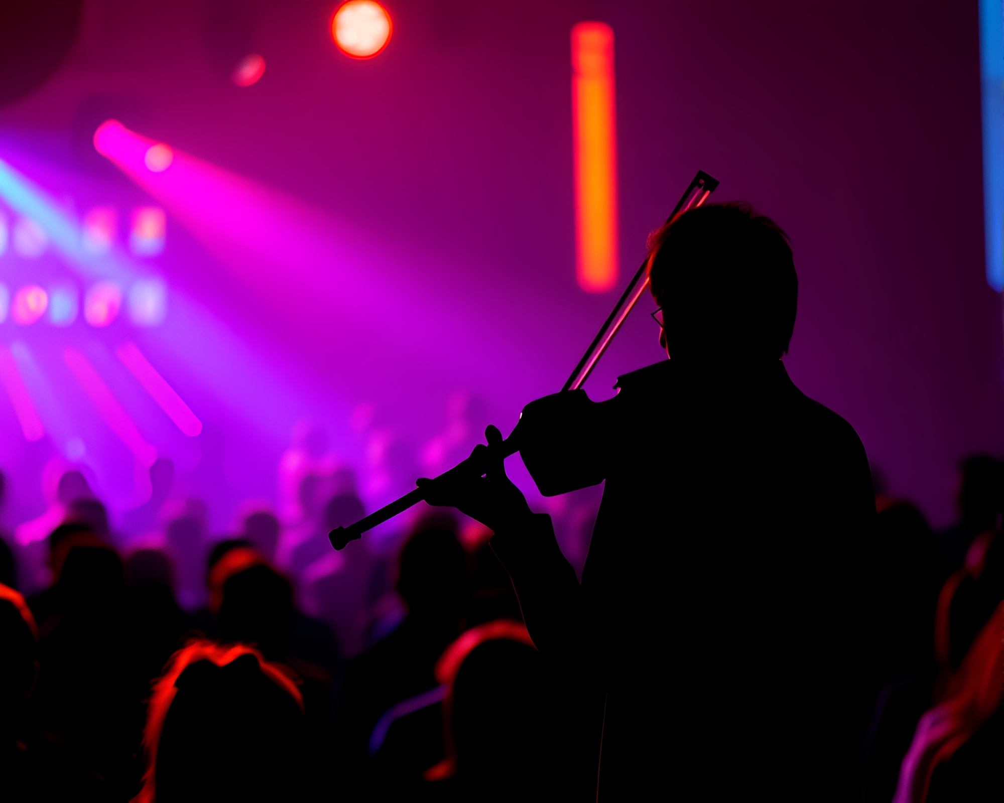 Vibrant Neon Violinist Silhouettes in AI-Generated Style – free AI stock image