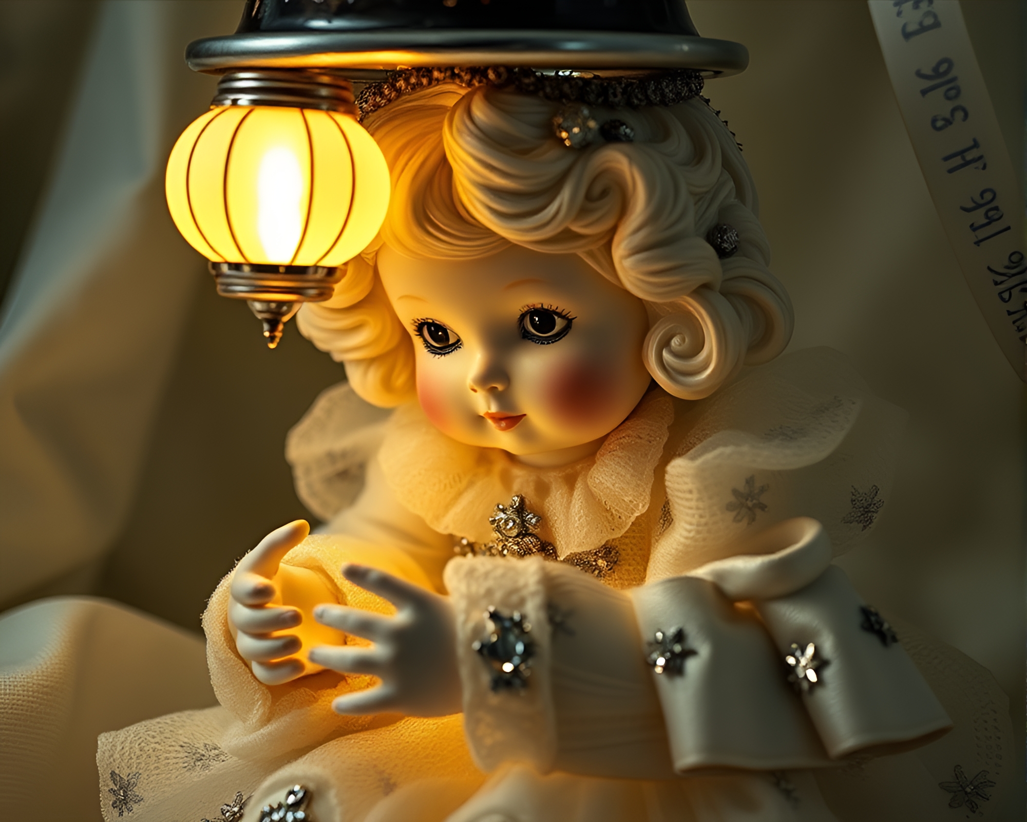 Enchanting Silver Leaf Porcelain Doll in Lantern Light – free AI stock image