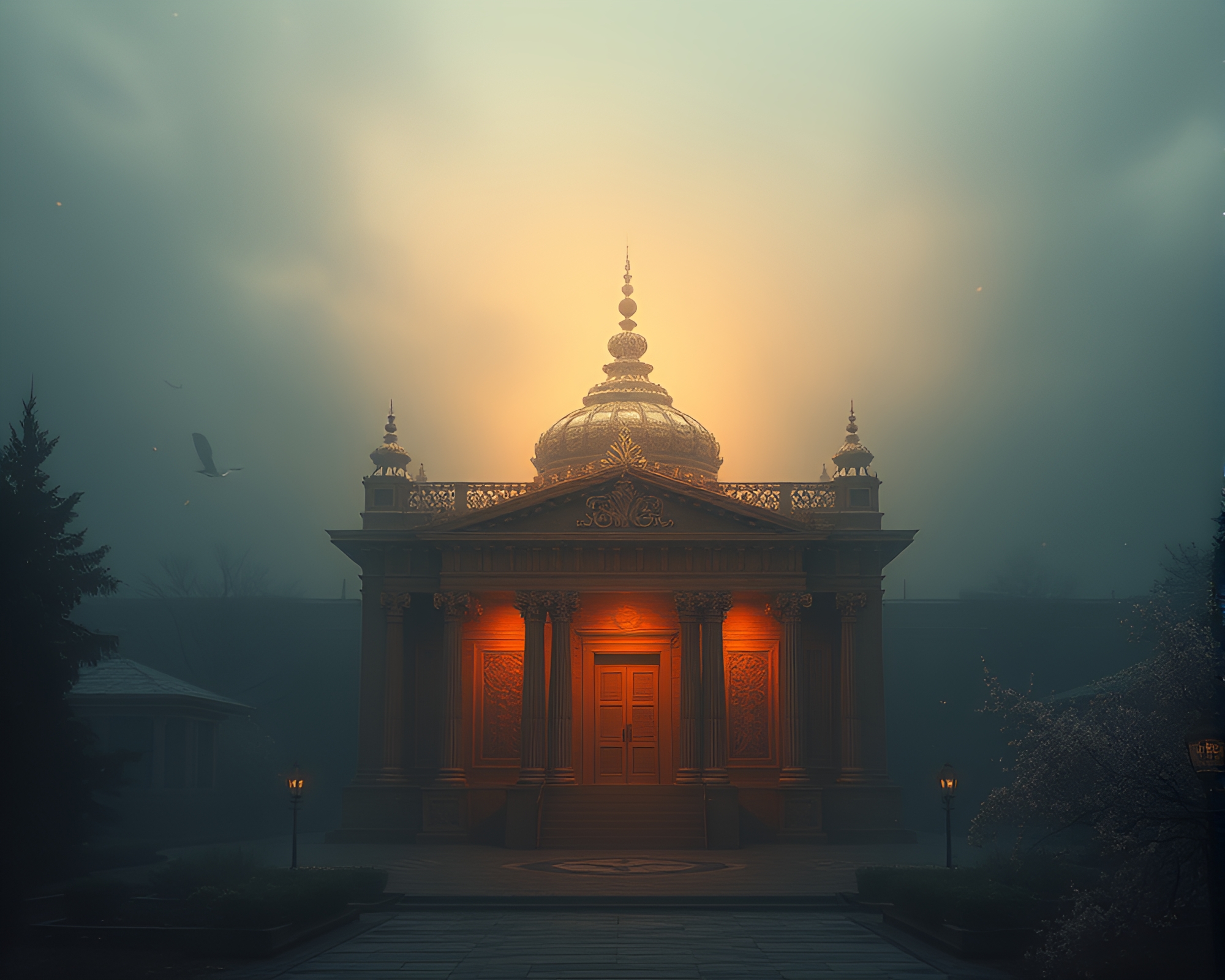 Enchanting Temple Illuminated by Silver Leaf Accents – free AI stock image