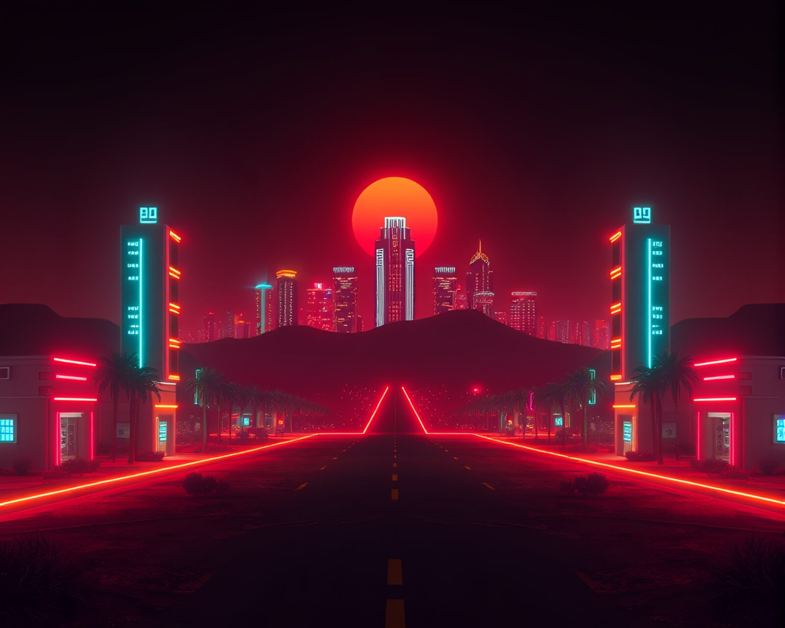 Futuristic city in neon lights against desert backdrop