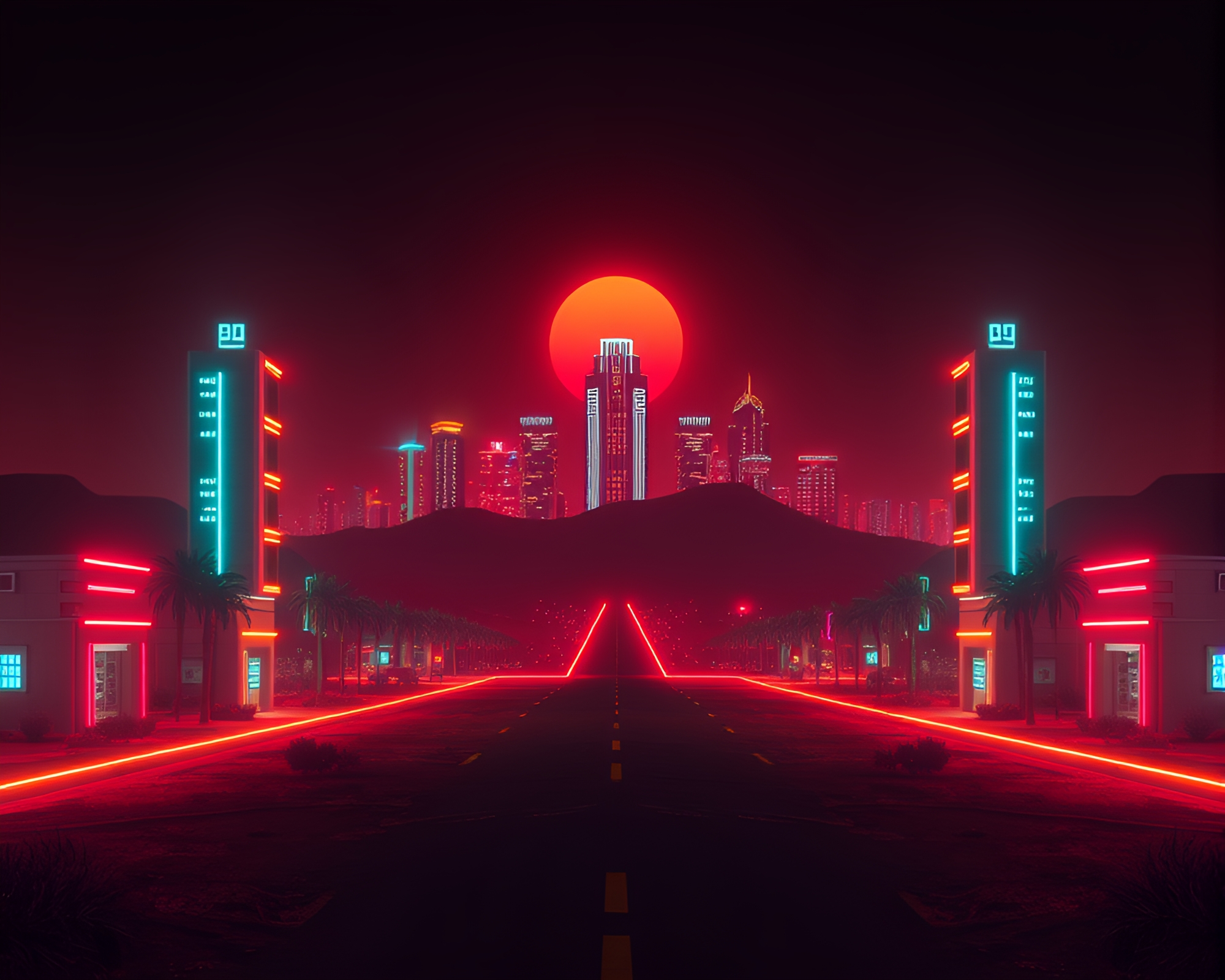 Symmetrical Neon Desert Cityscape at Night – free AI stock image