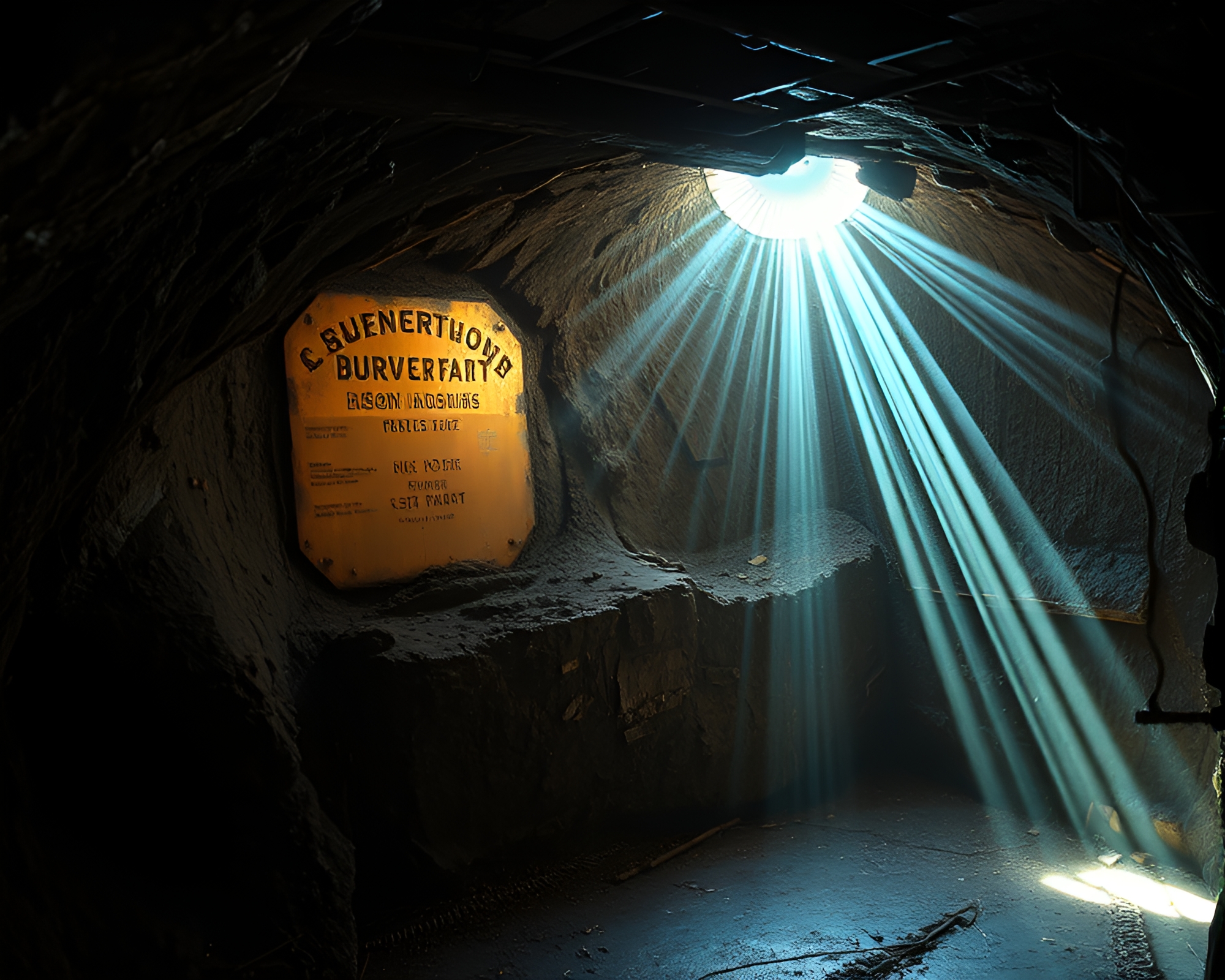 Bronze Patina Underground Bunker with Sunbeam Rays – free AI stock image