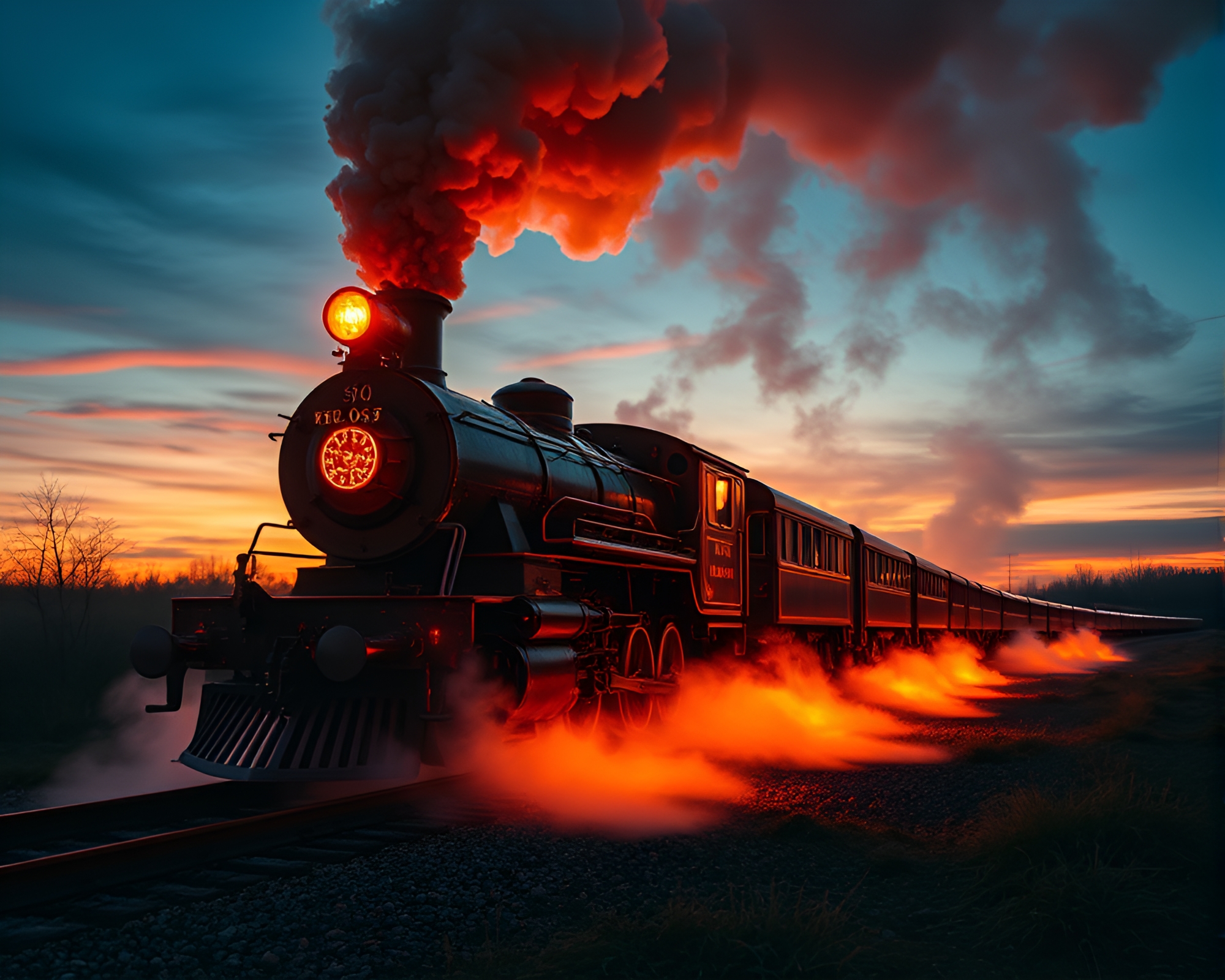 Spiral Sunset Steam Locomotive with Particle Simulation – free AI stock image