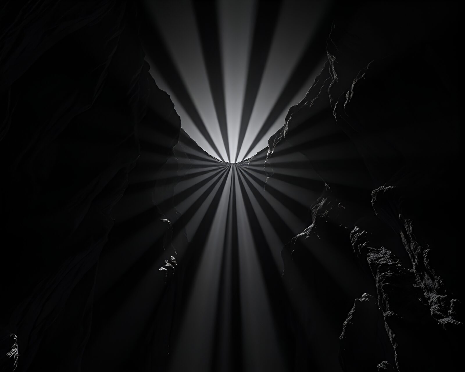 A haunting canyon lit by eerie radial shadows
