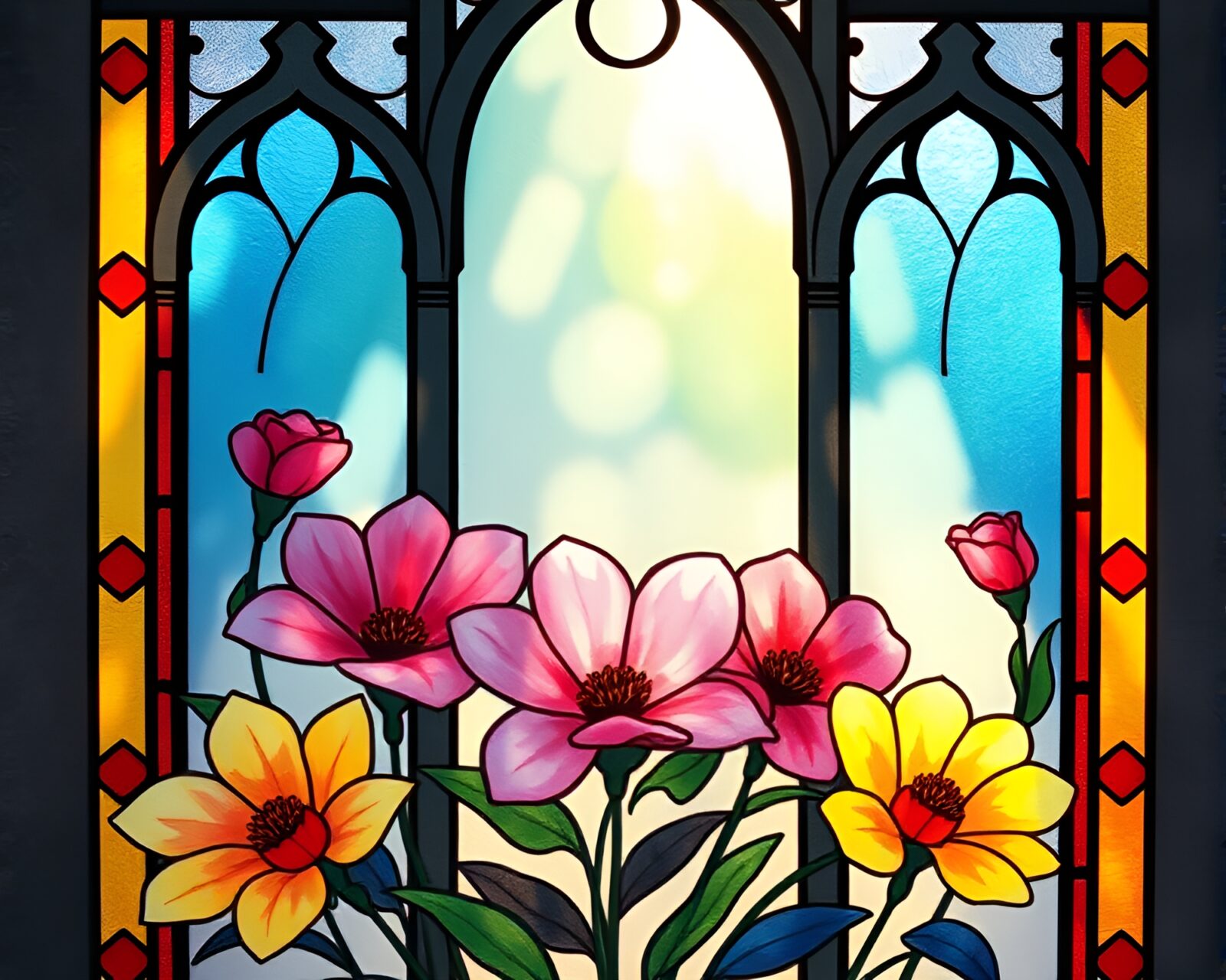 Softly lit stained glass window with watercolor bloom design