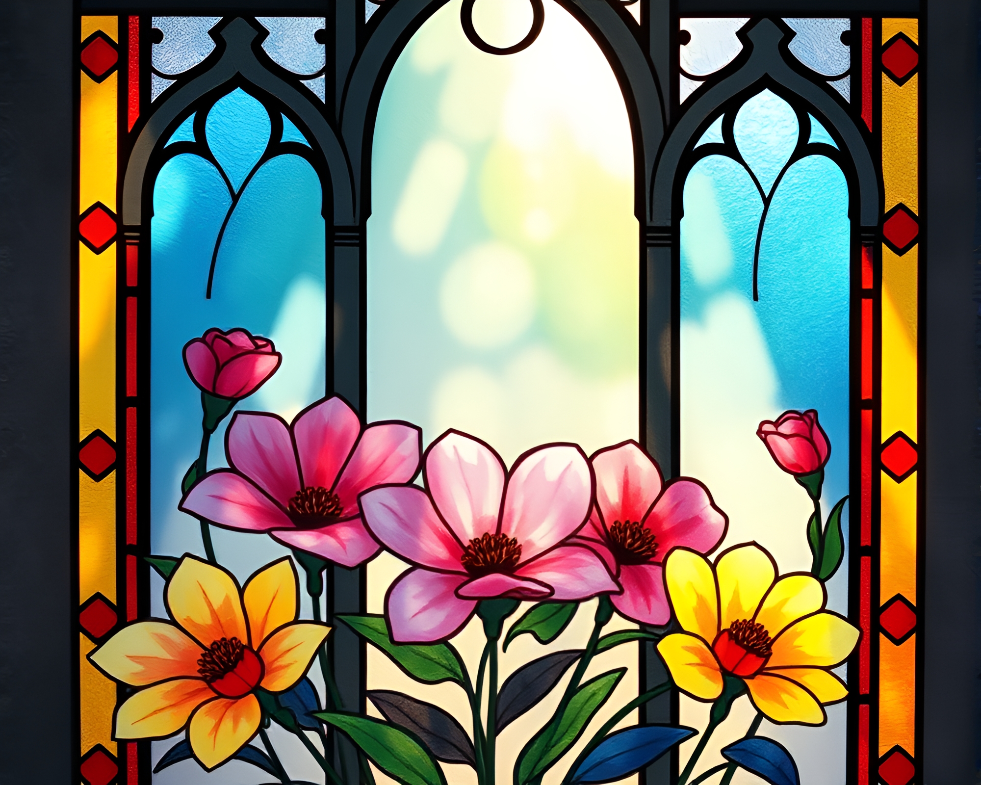 Watercolor Blooms in Stained Glass Cathedral – free AI stock image
