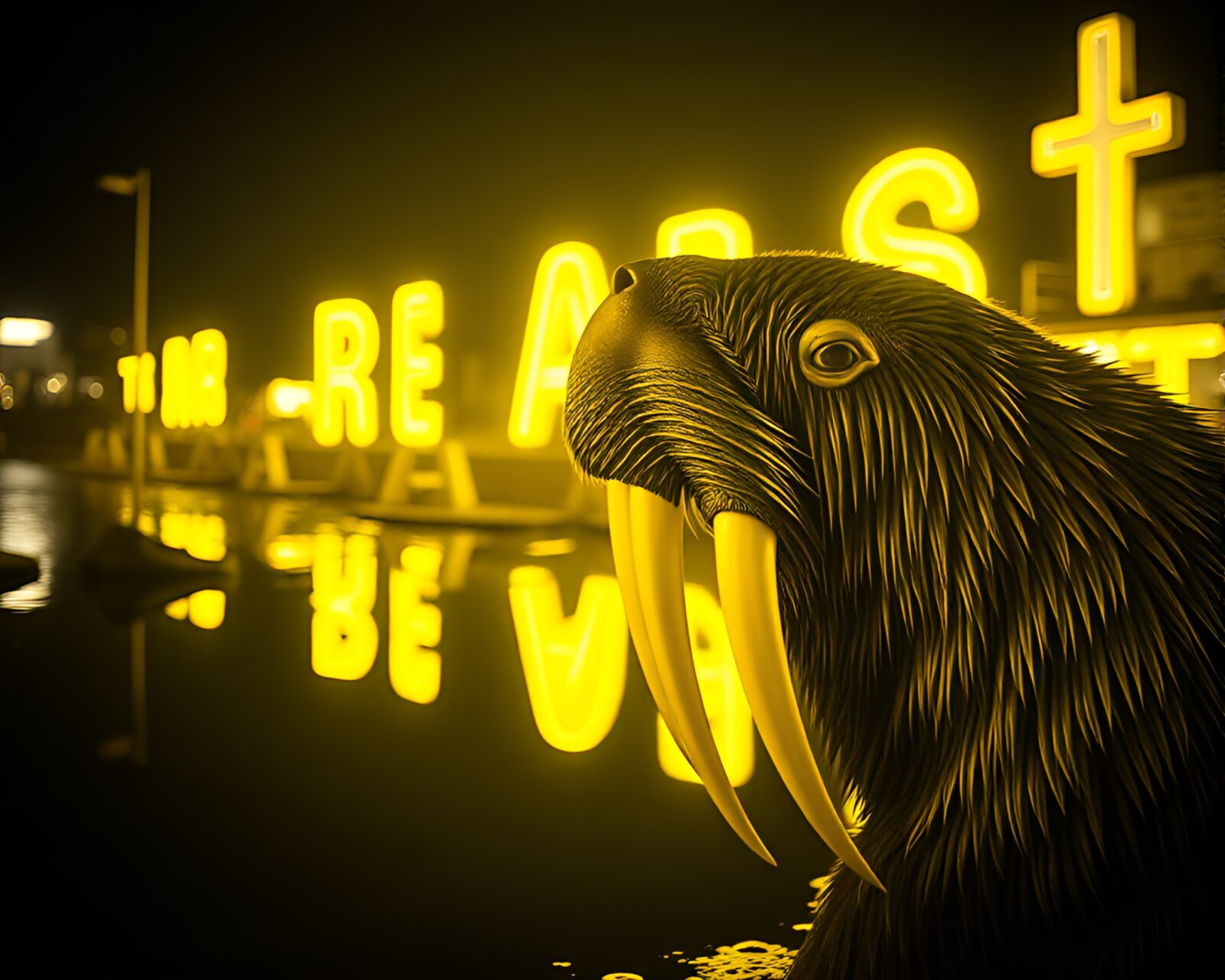 Surreal walrus bathed in yellow neon lights, 3D effect