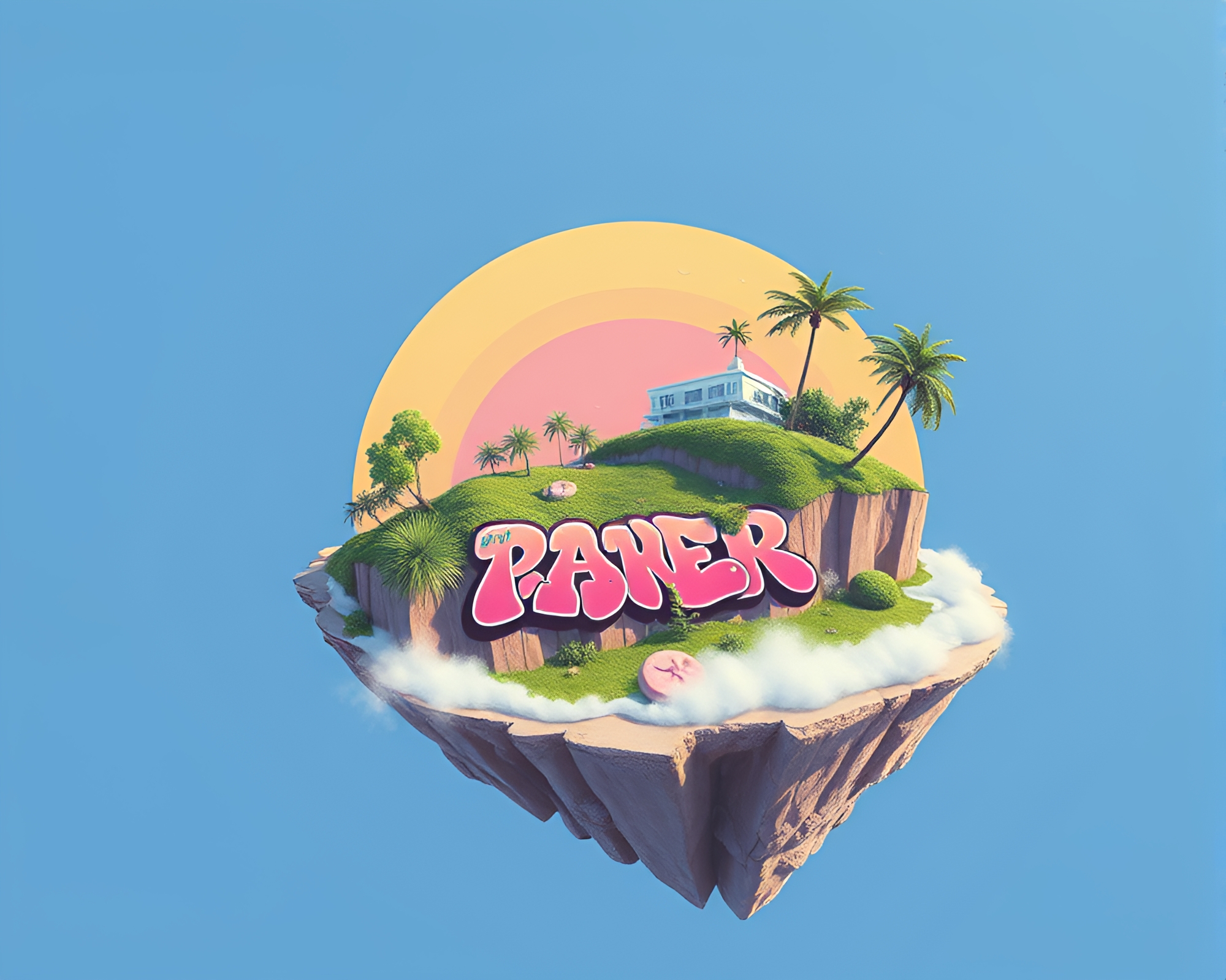 80s VHS-style Floating Island with Pastel Graffiti Spiral – free AI stock image