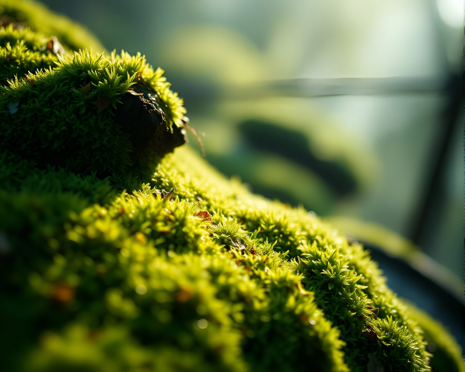 Serene turquoise lighting illuminating lush moss composition
