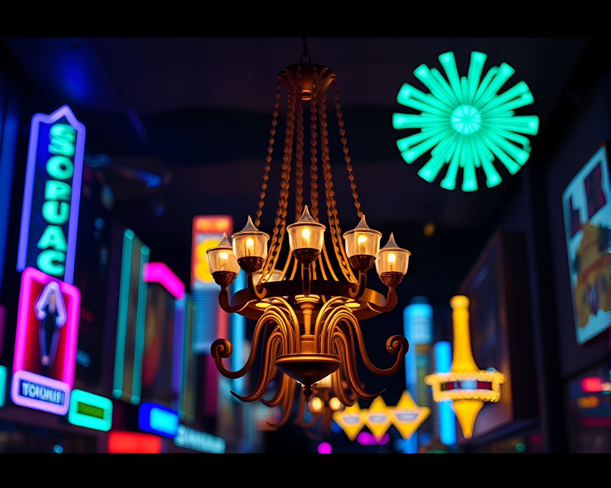 Neon City Chandelier Glow in Paper Cutout Style – free AI stock image