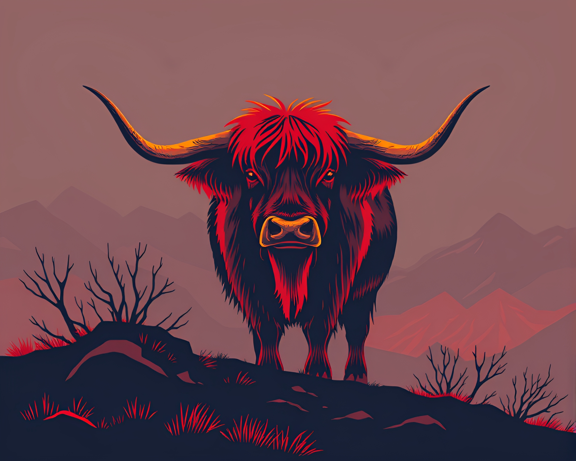 Highland Cow in Volcano Glow with Torn Edges – free AI stock image