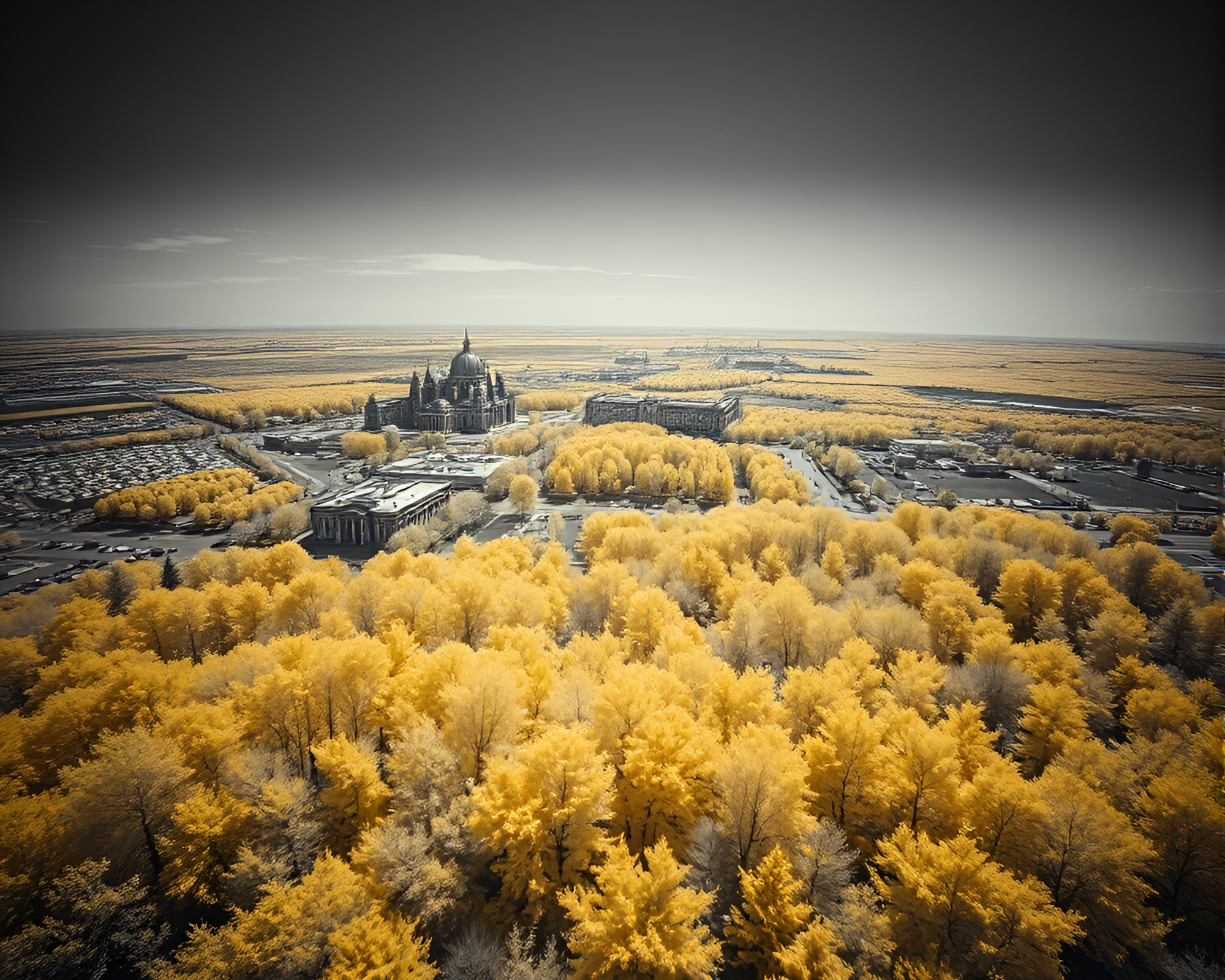 Surreal Infrared Drone Over Monochrome Yellow Landscape – free AI stock image