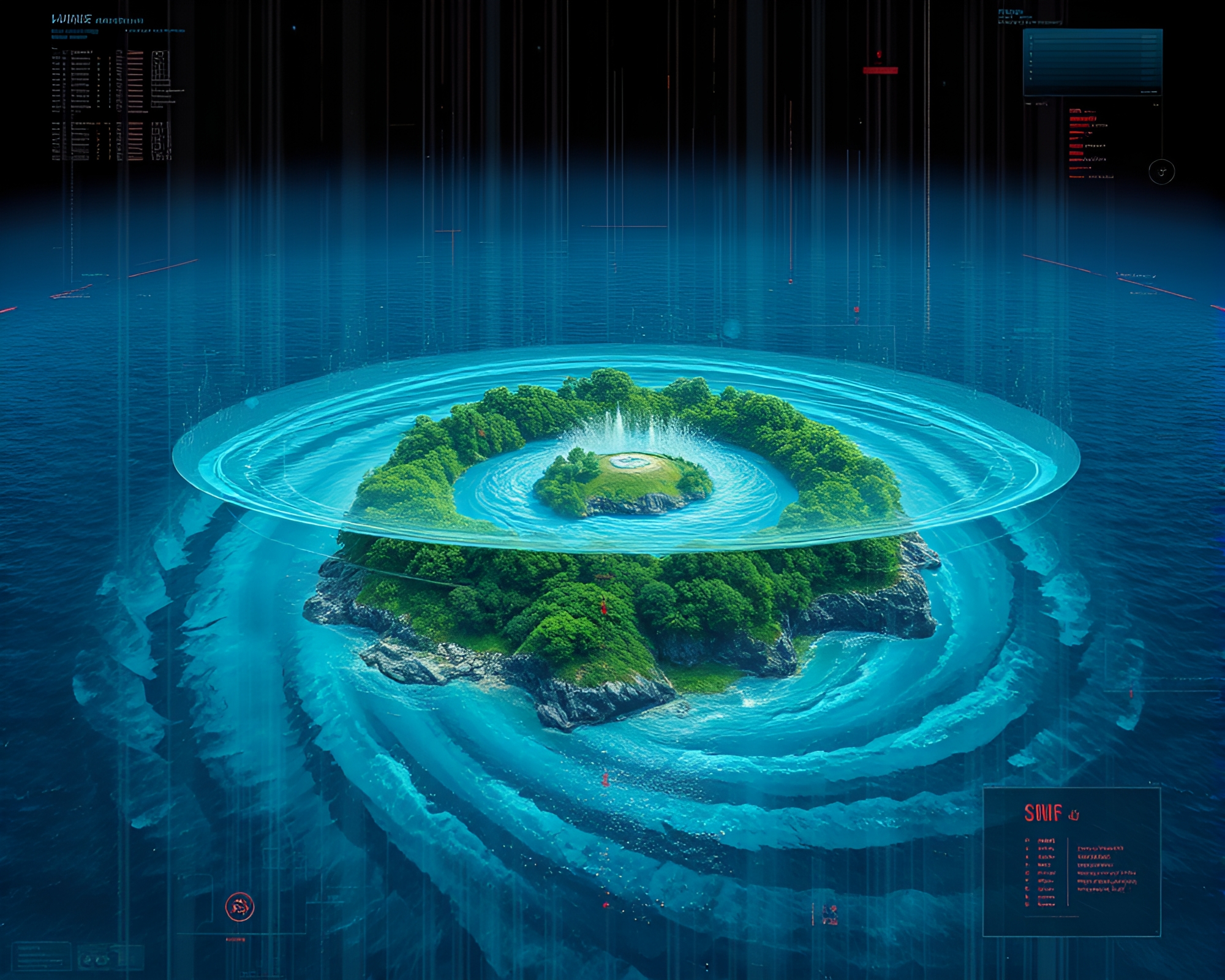 Futuristic Island with Water Whirlpool and HUD Overlay – free AI stock image