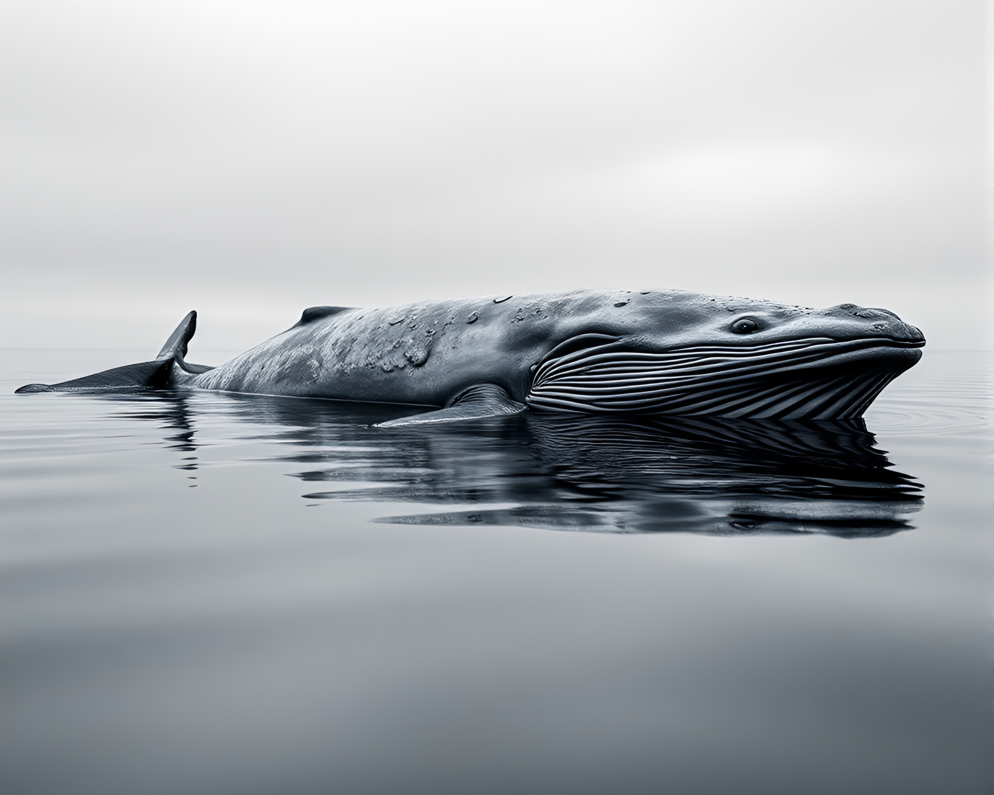 Whale emerges from desaturated chrome ocean at twilight – free AI stock image