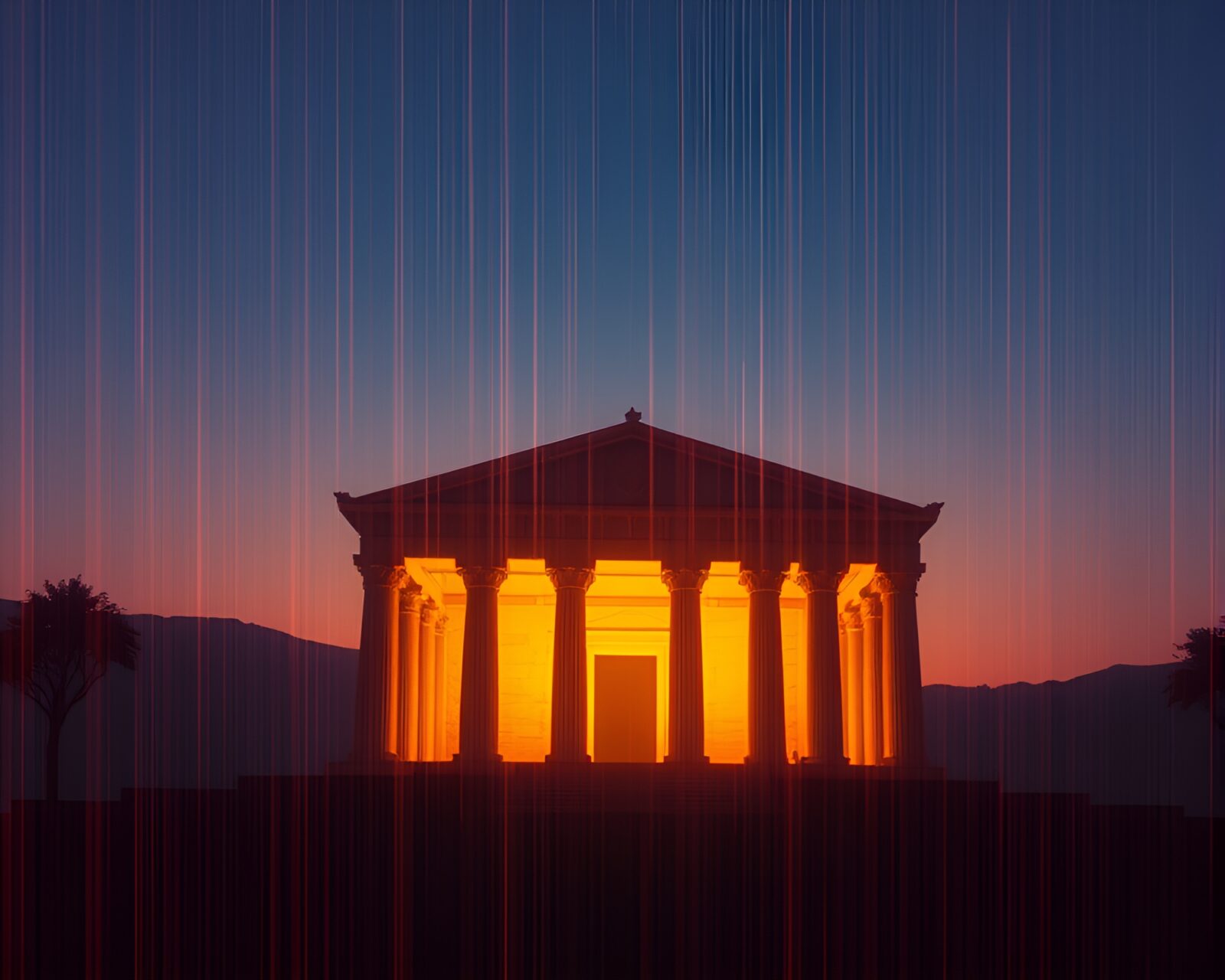 A glitched temple bathed in cool dawn light.